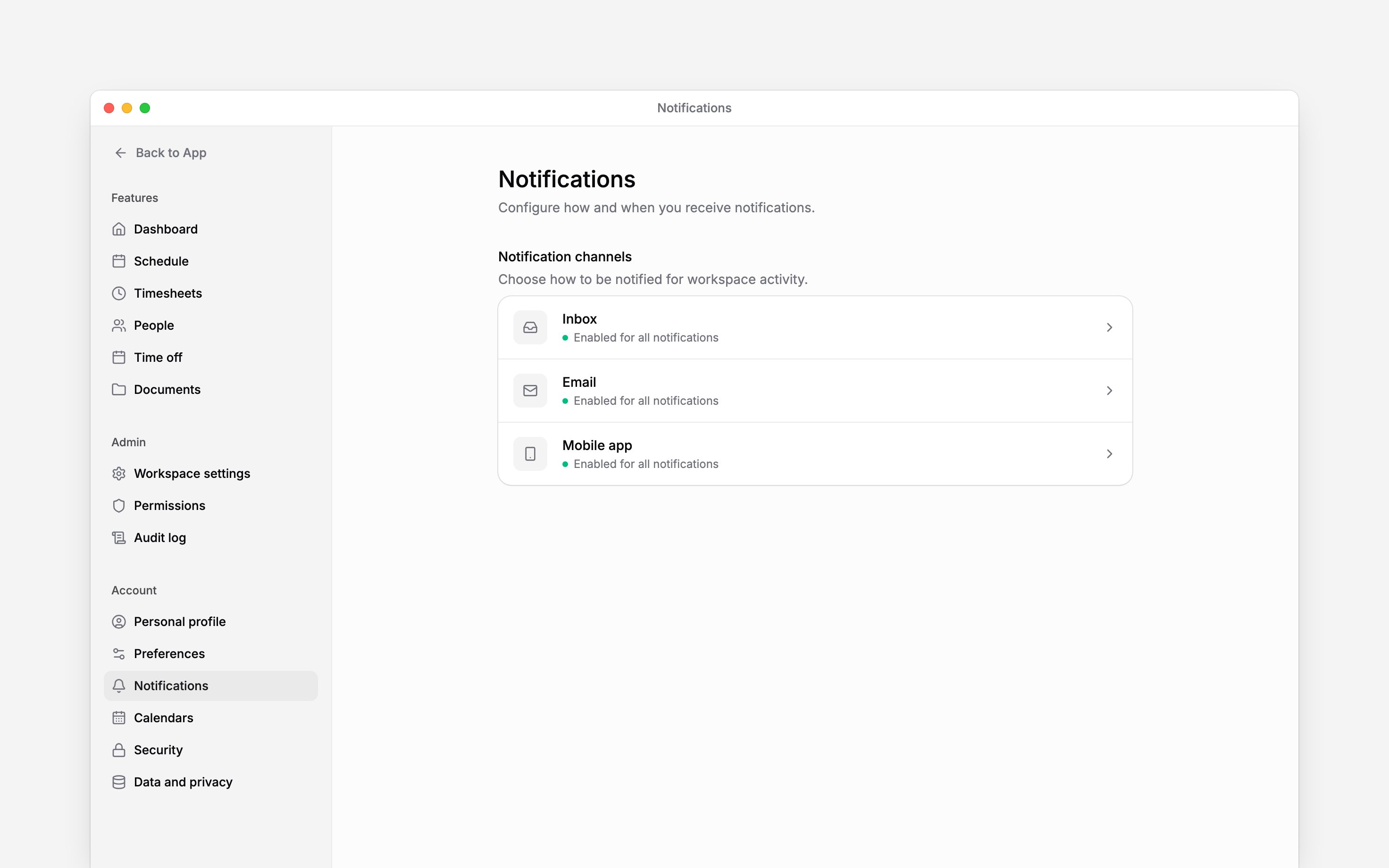 The notification settings overview showing Inbox, Email and Mobile app