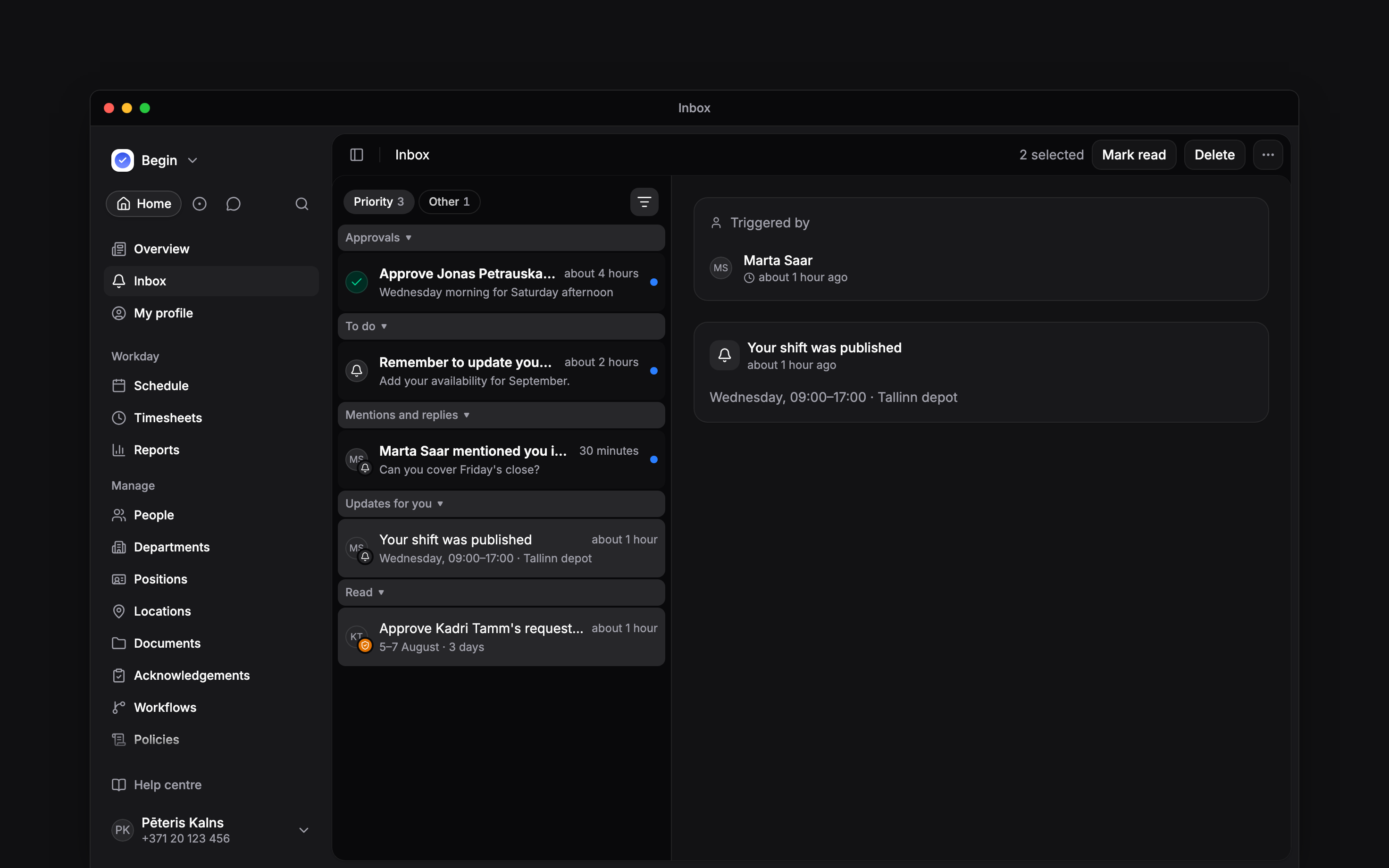 Two inbox rows selected with Mark read and Delete actions in the header