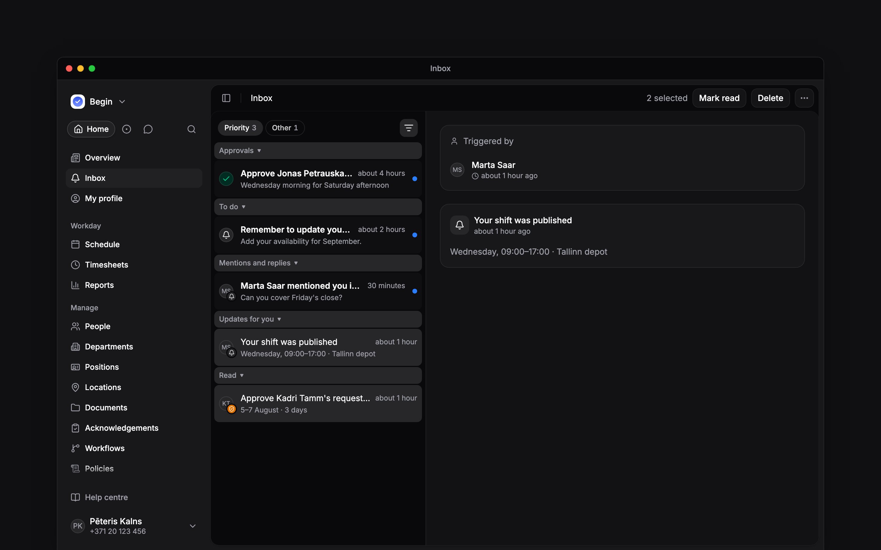 Two inbox rows selected with Mark read and Delete actions in the header