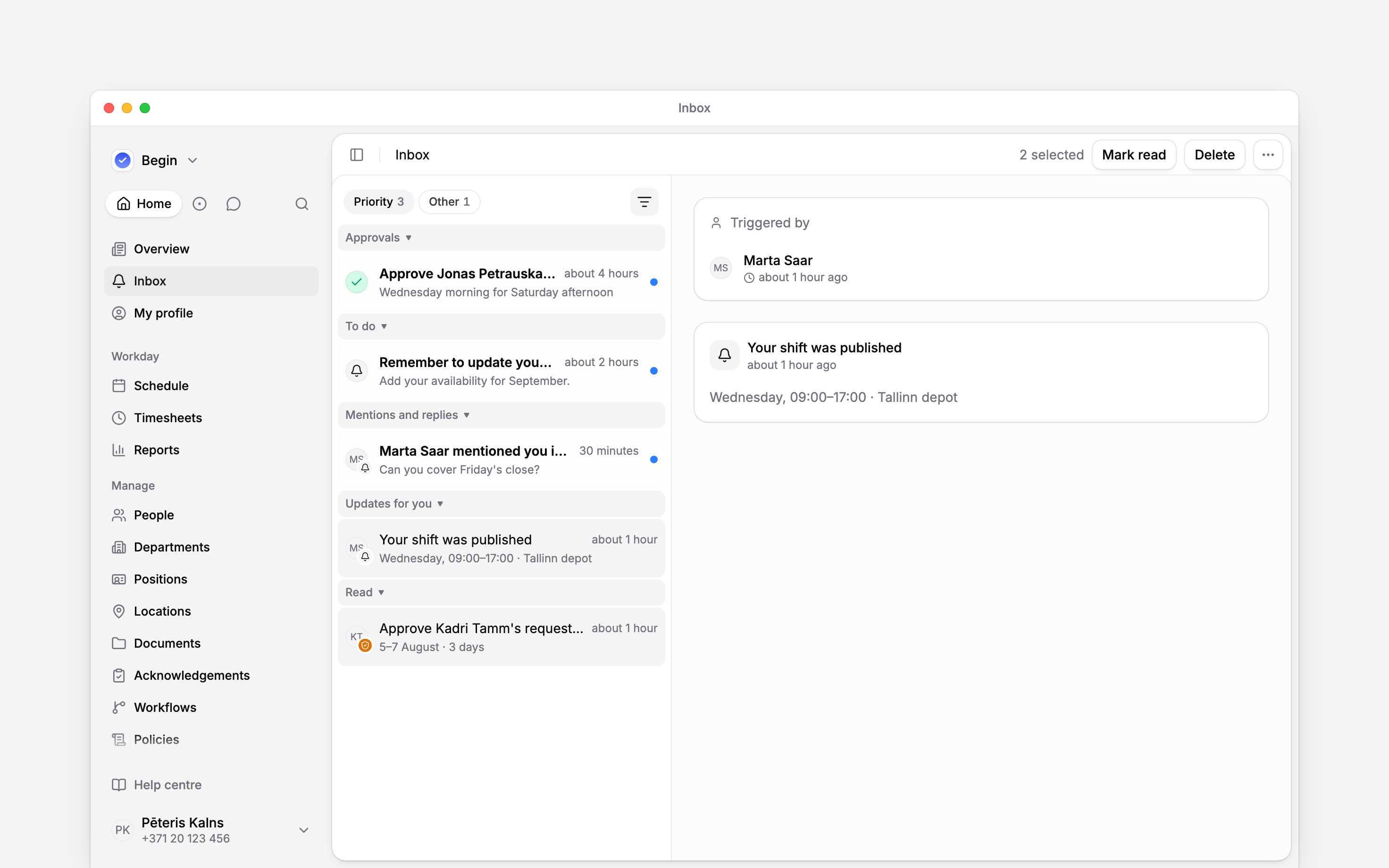 Two inbox rows selected with Mark read and Delete actions in the header
