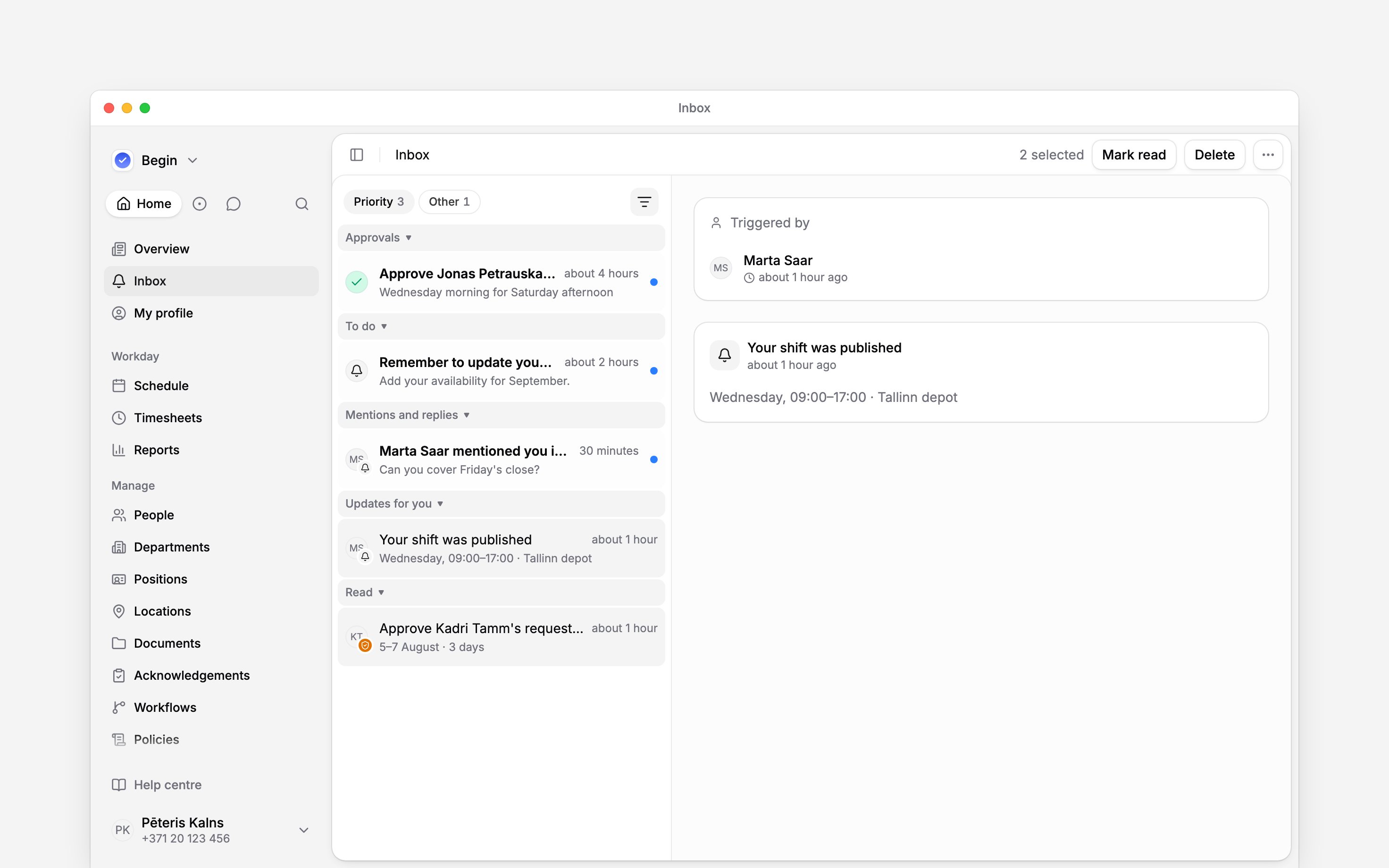 Two inbox rows selected with Mark read and Delete actions in the header