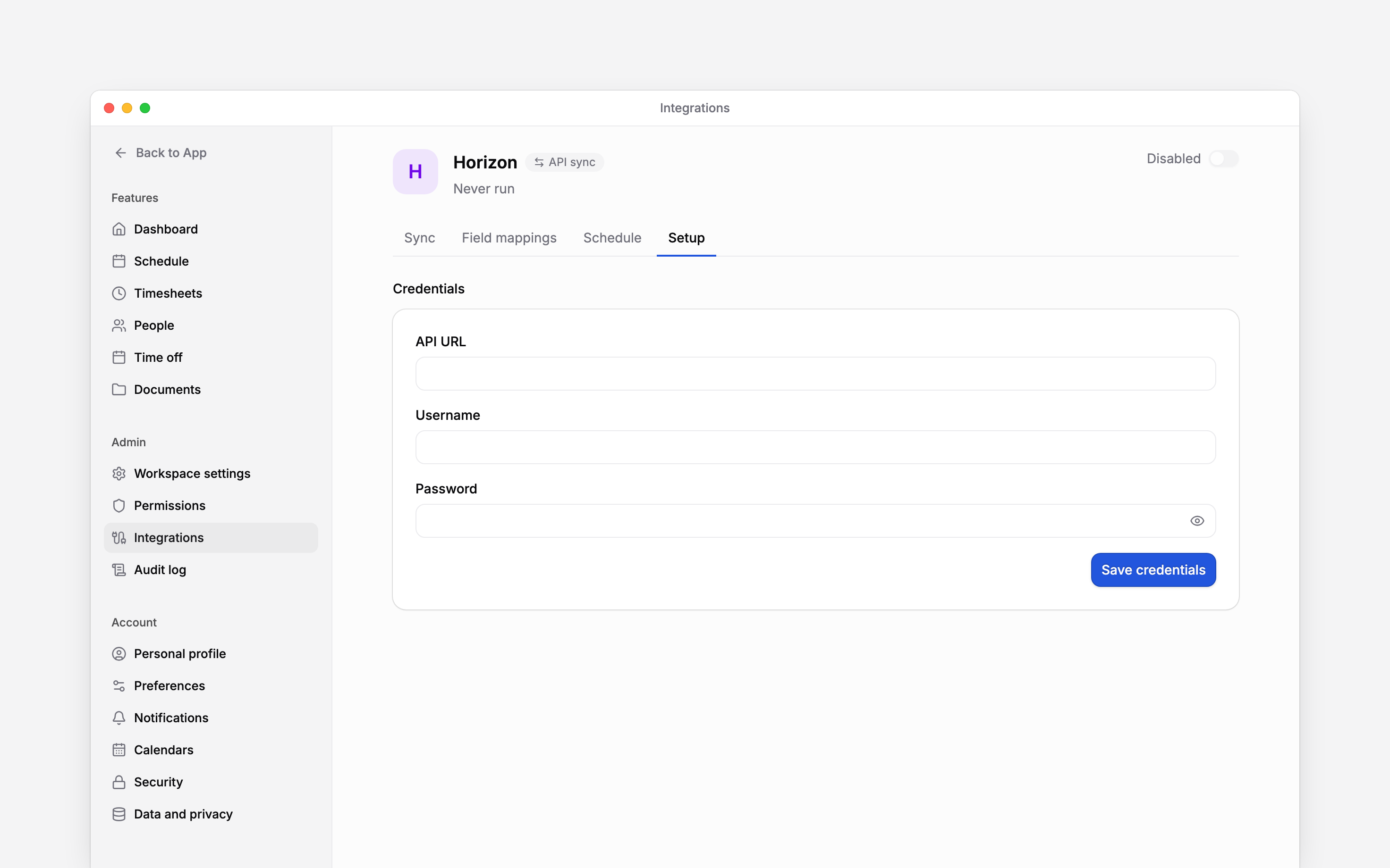 Configure Horizon payroll types and exchange hours, absences and employee data.