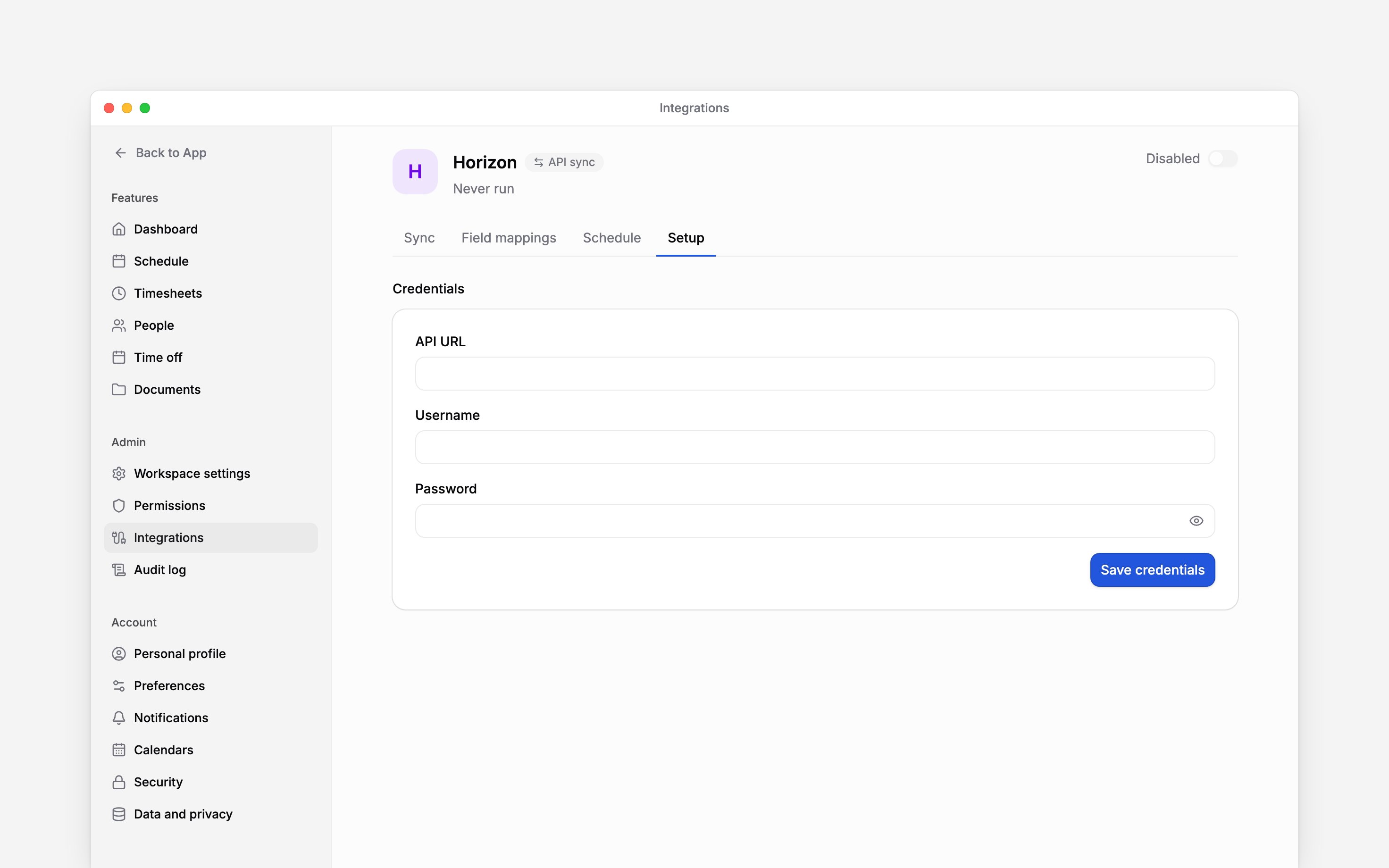 Configure Horizon payroll types and exchange hours, absences and employee data.