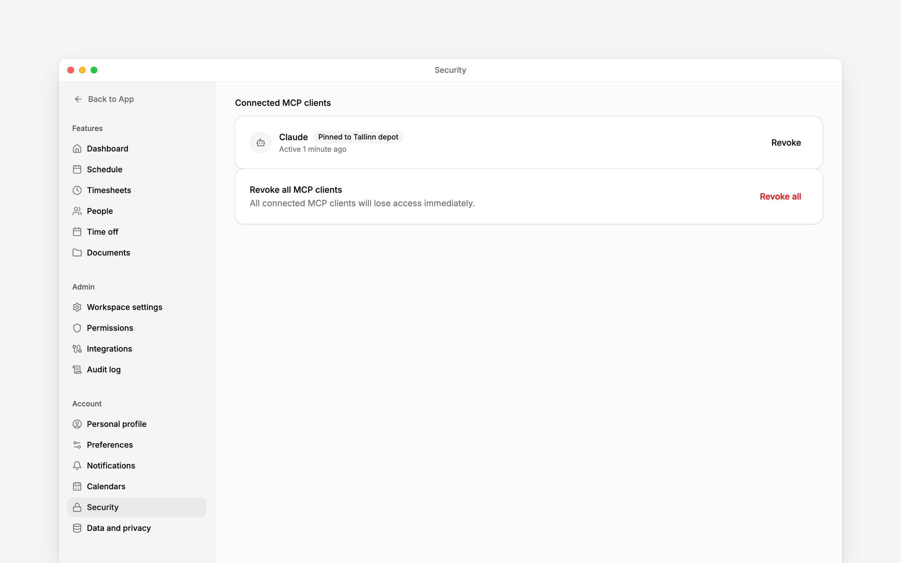 Connect an AI client, check its workspace and control its access to Begin.