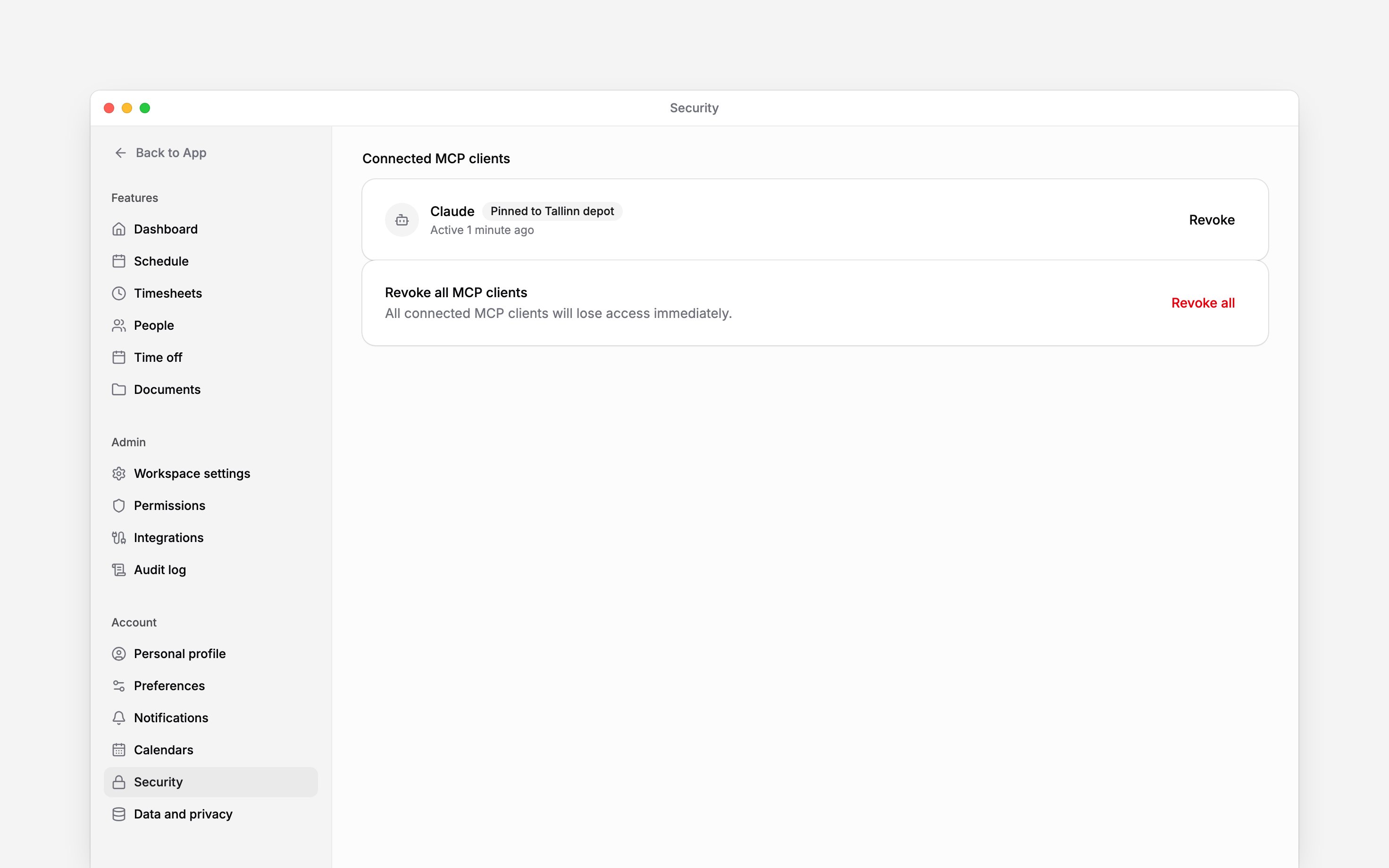 Connect an AI client, check its workspace and control its access to Begin.