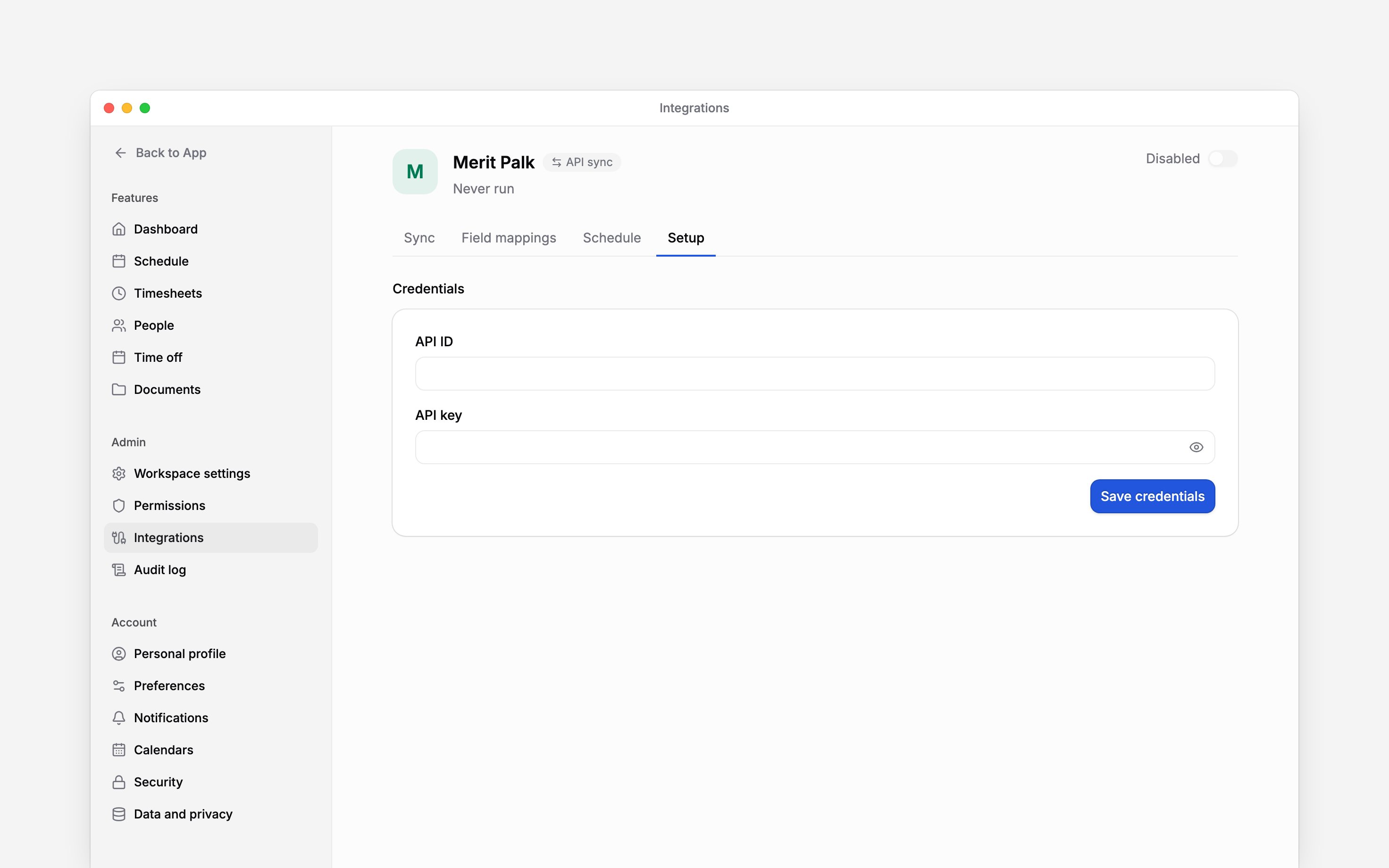 Connect Merit Palk and choose which payroll and employee data to exchange.