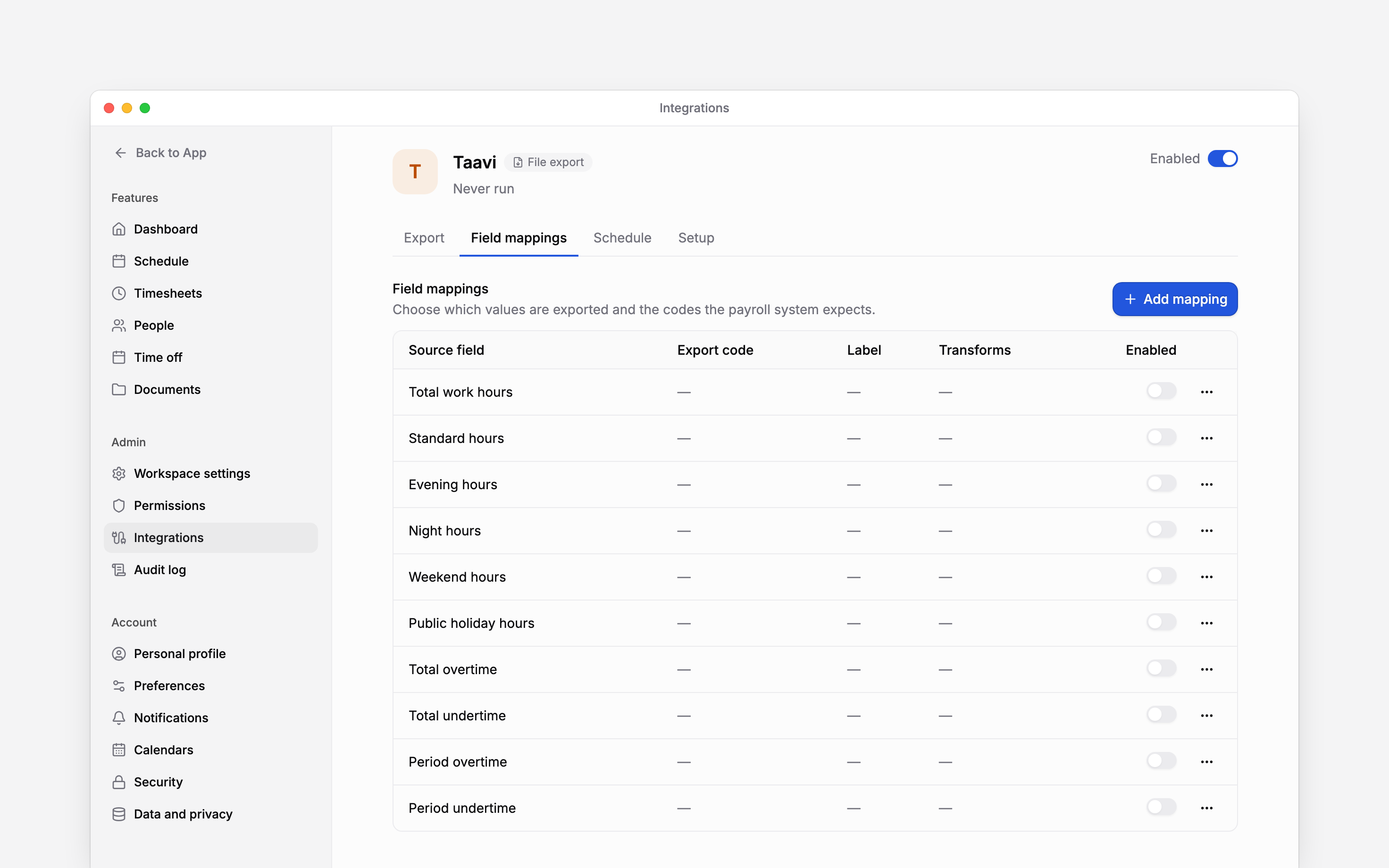 Prepare a CSV of hours and absences for import into Taavi.