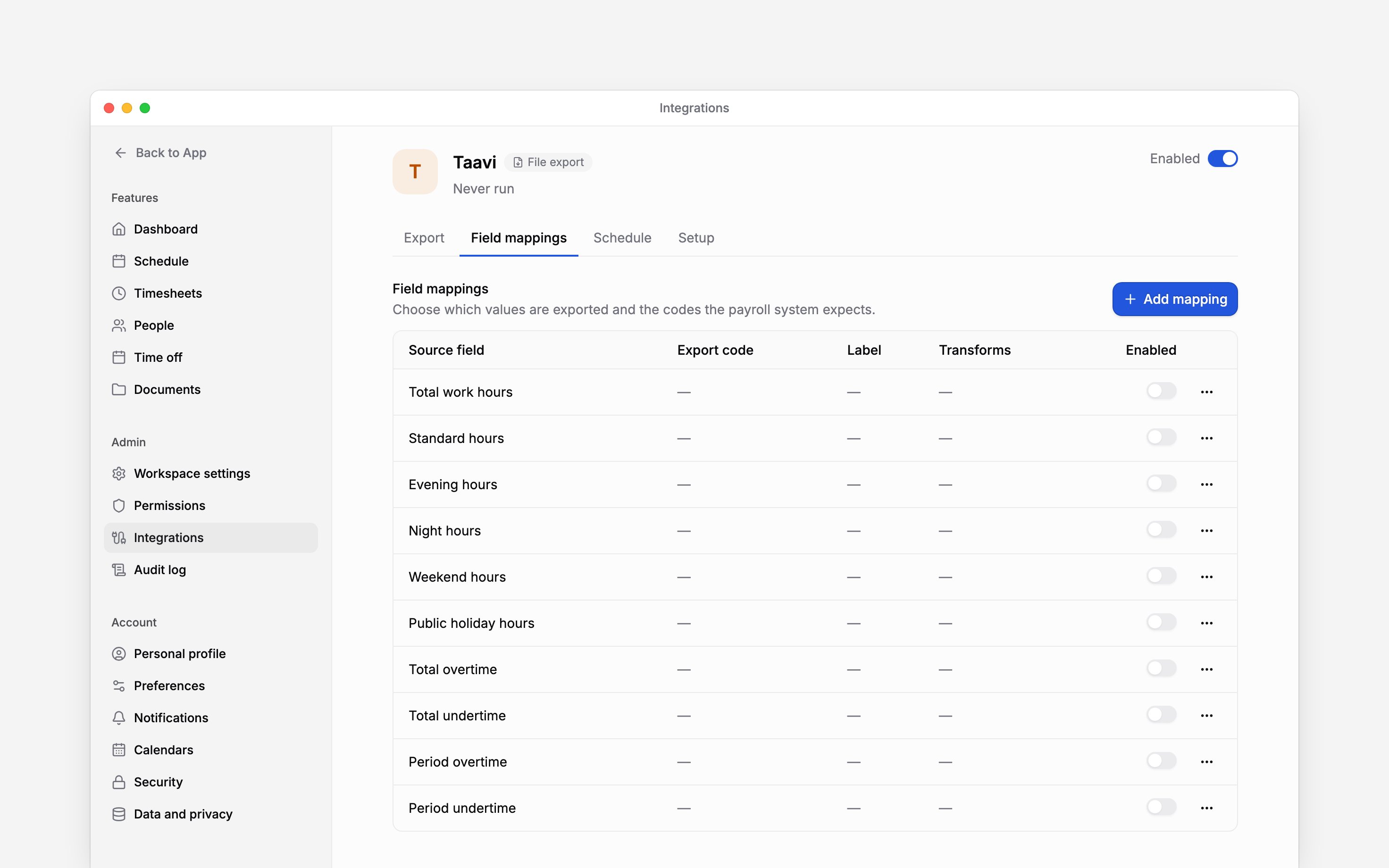 Prepare a CSV of hours and absences for import into Taavi.