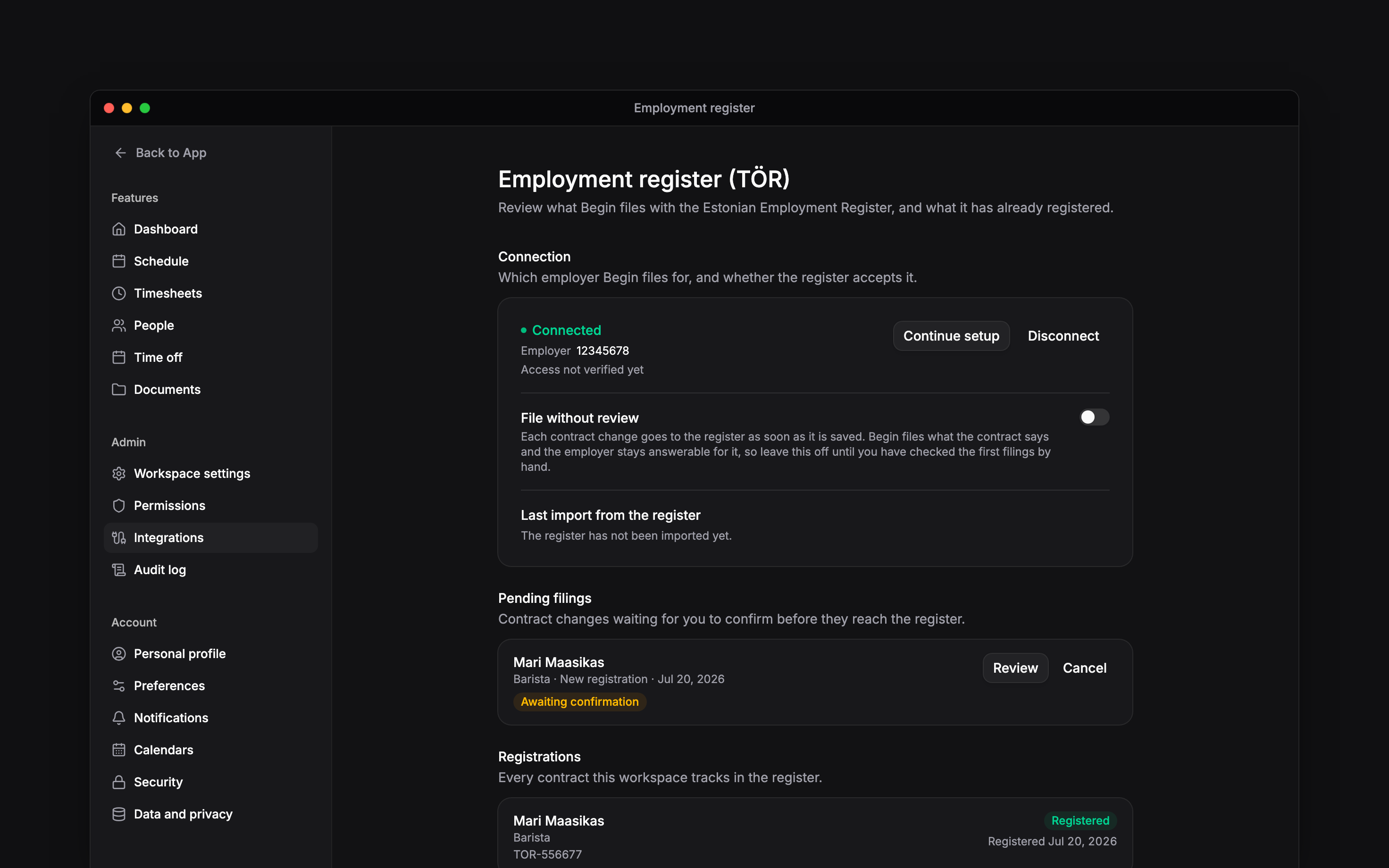 Connect the Estonian register and review employment filings before sending them.