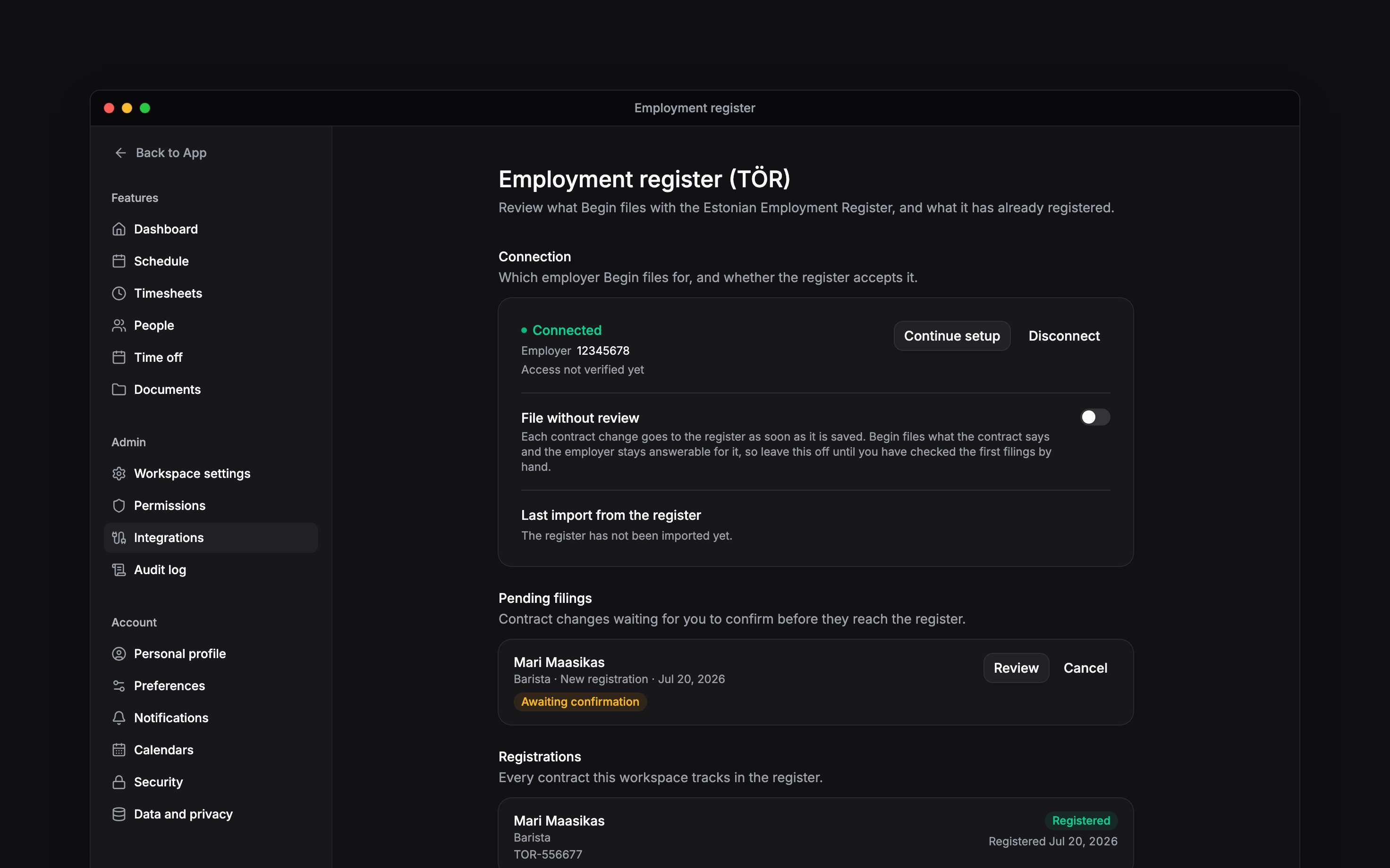 Connect the Estonian register and review employment filings before sending them.