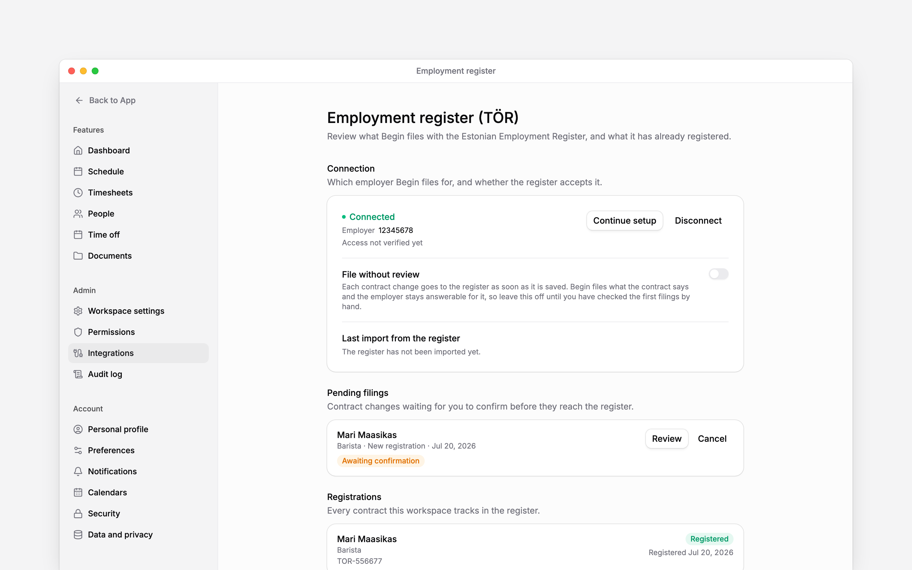 Connect the Estonian register and review employment filings before sending them.