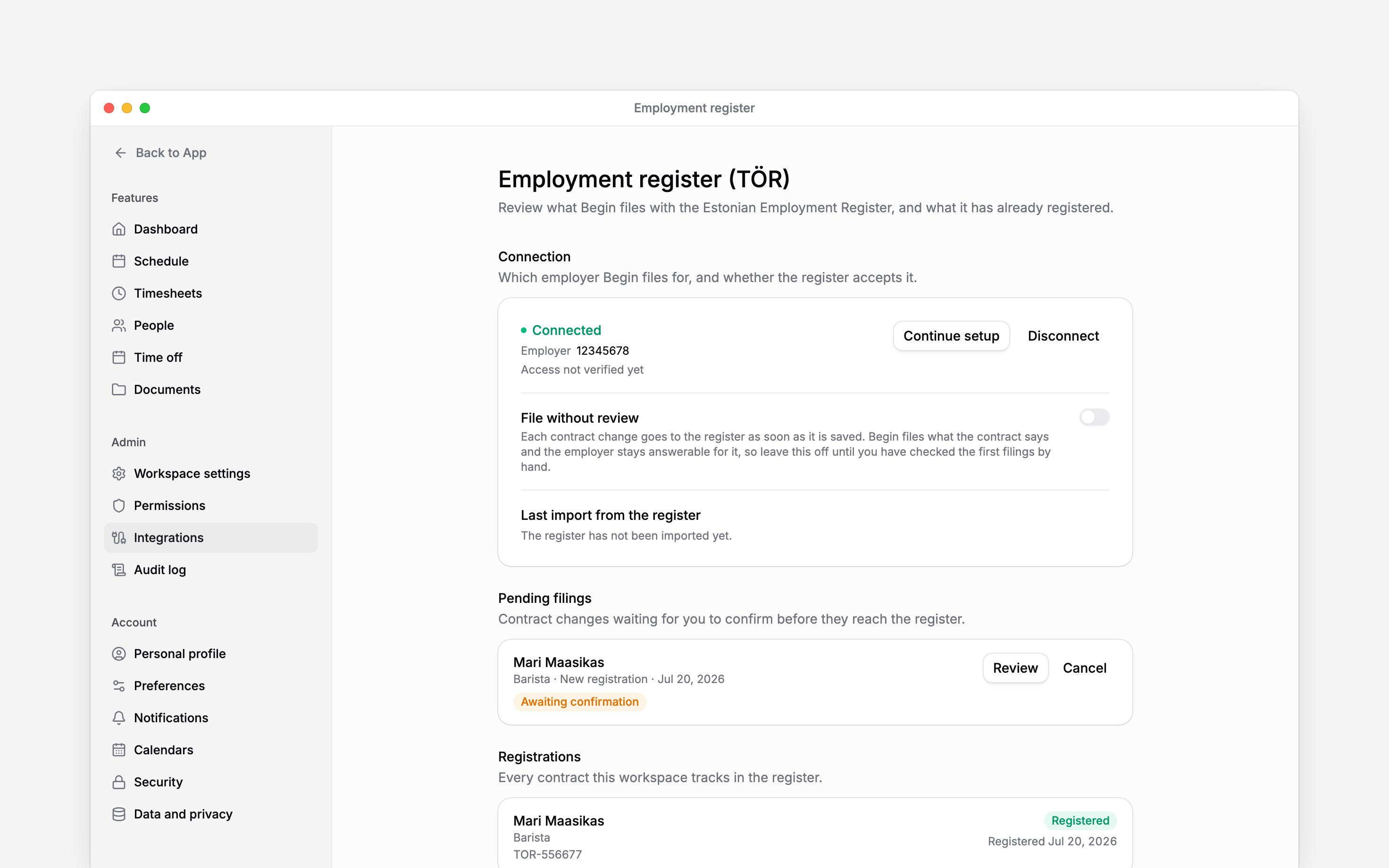 Connect the Estonian register and review employment filings before sending them.