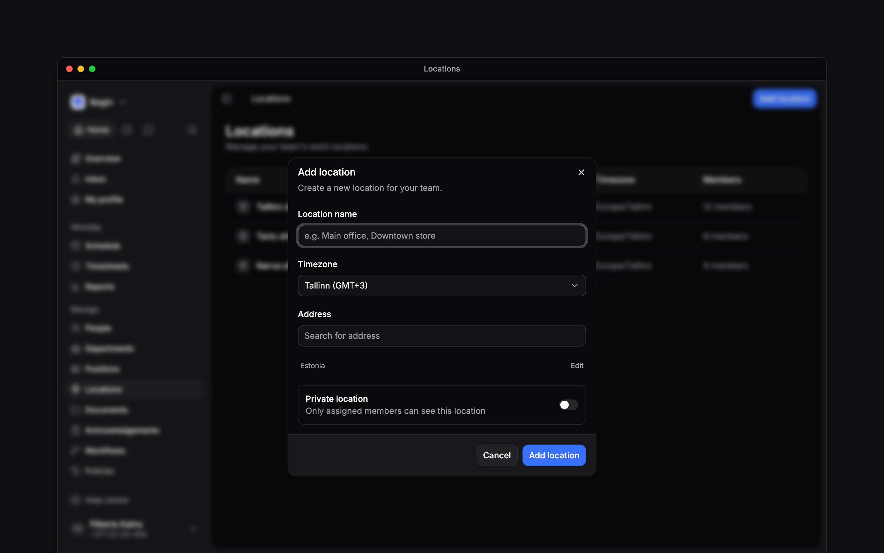 The Add location form with the location name, timezone, Address and optional address details