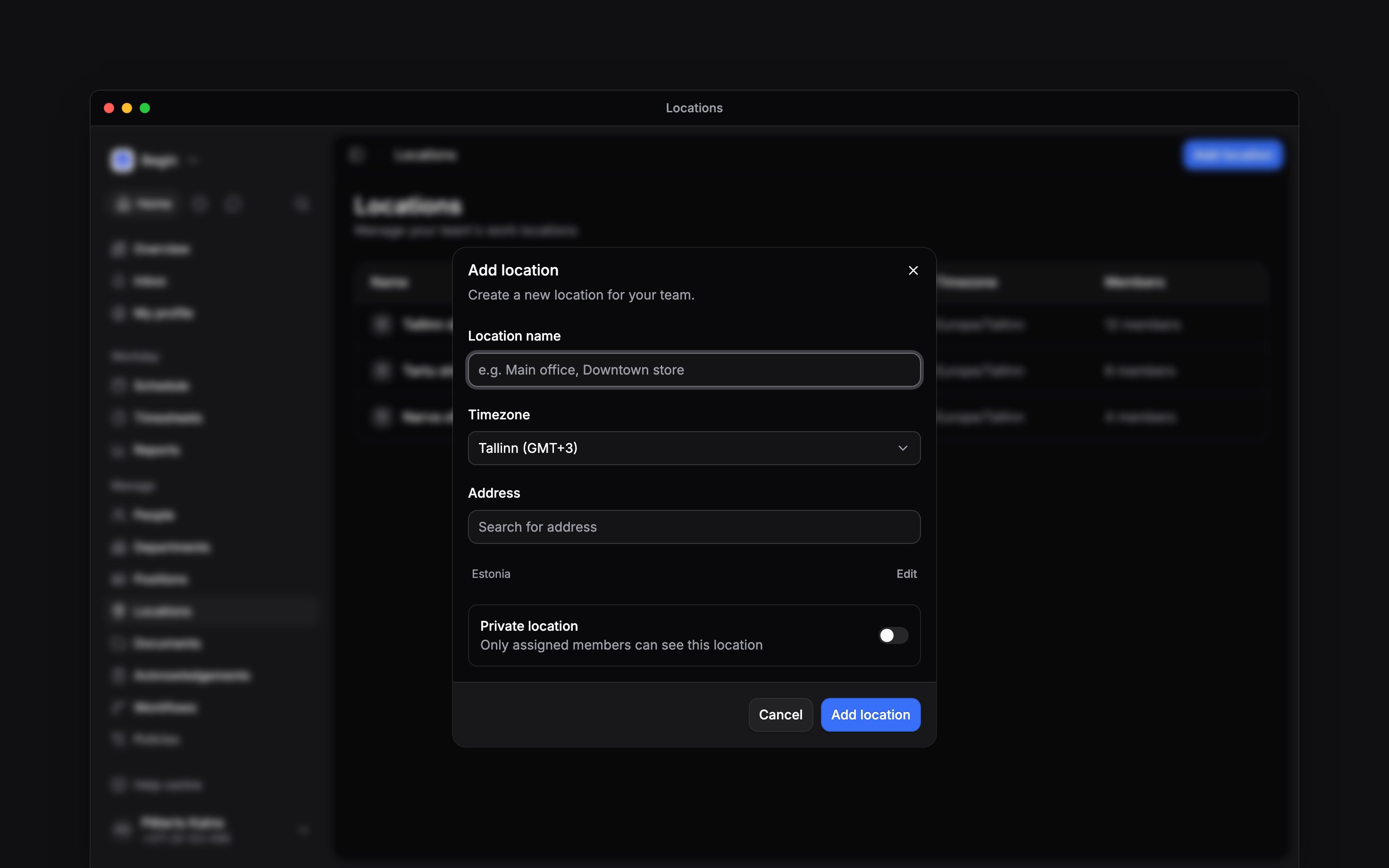 The Add location form with the location name, timezone, Address and optional address details