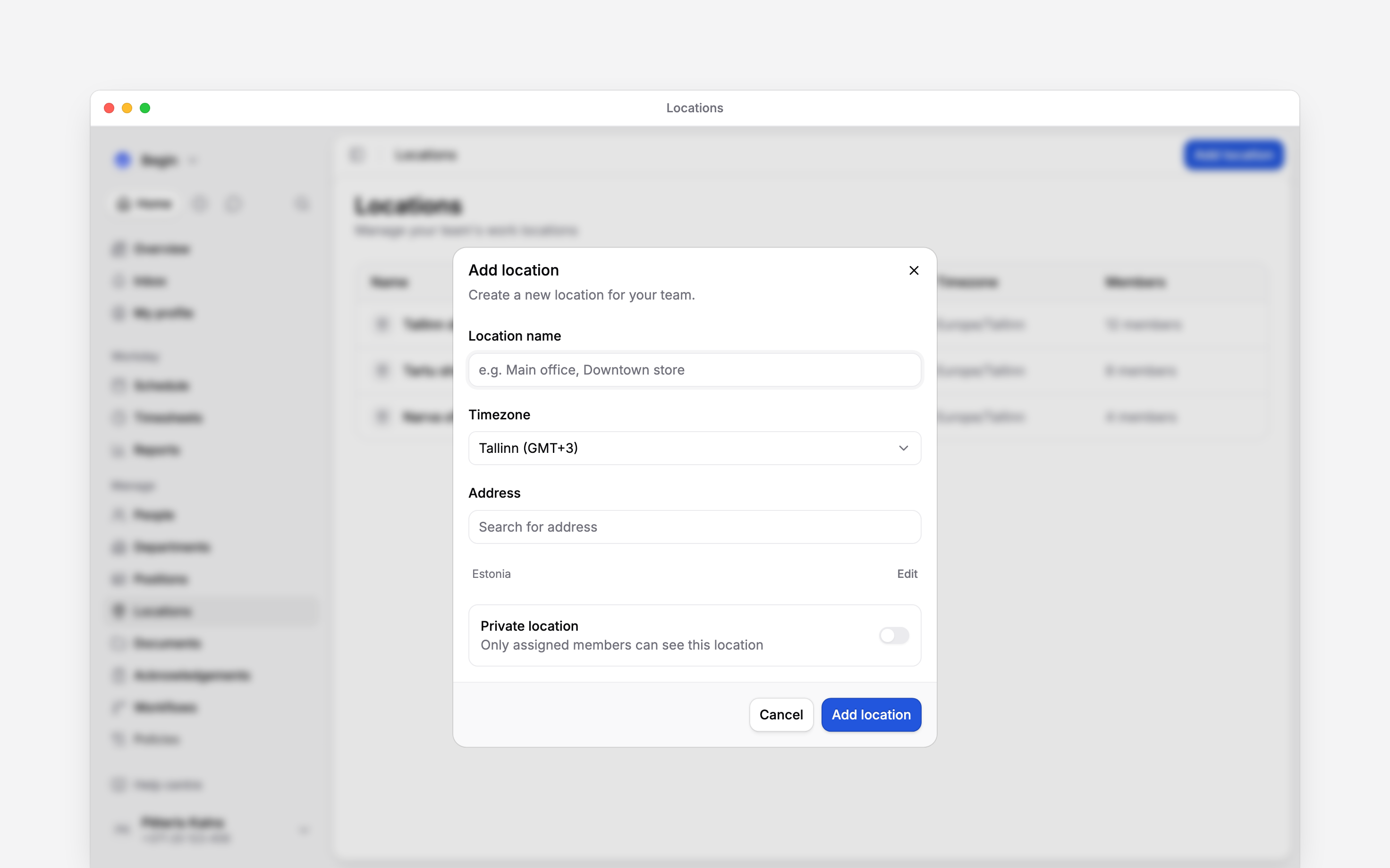 The Add location form with the location name, timezone, Address and optional address details