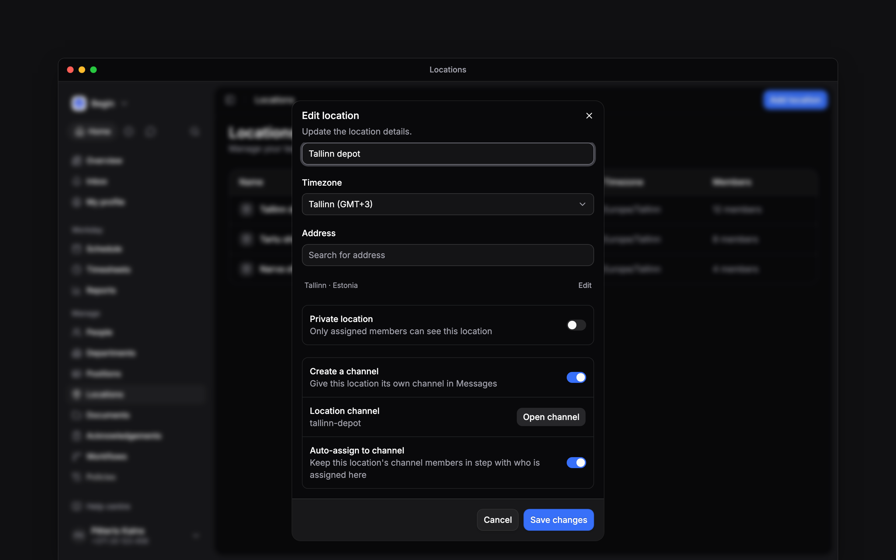 The location editor’s channel section showing Create a channel, the linked tallinn-depot channel, Open channel and Auto-assign to channel
