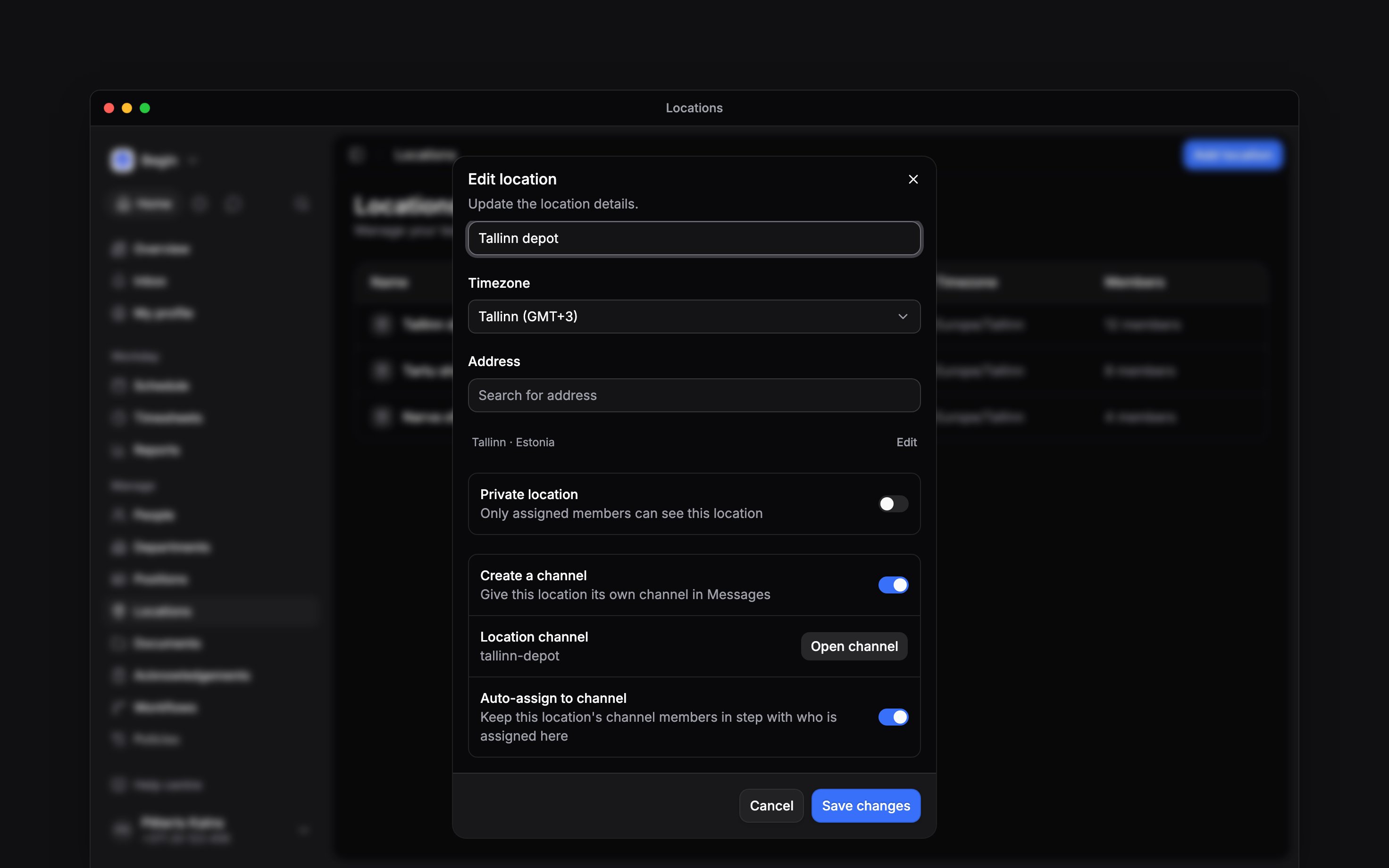 The location editor’s channel section showing Create a channel, the linked tallinn-depot channel, Open channel and Auto-assign to channel