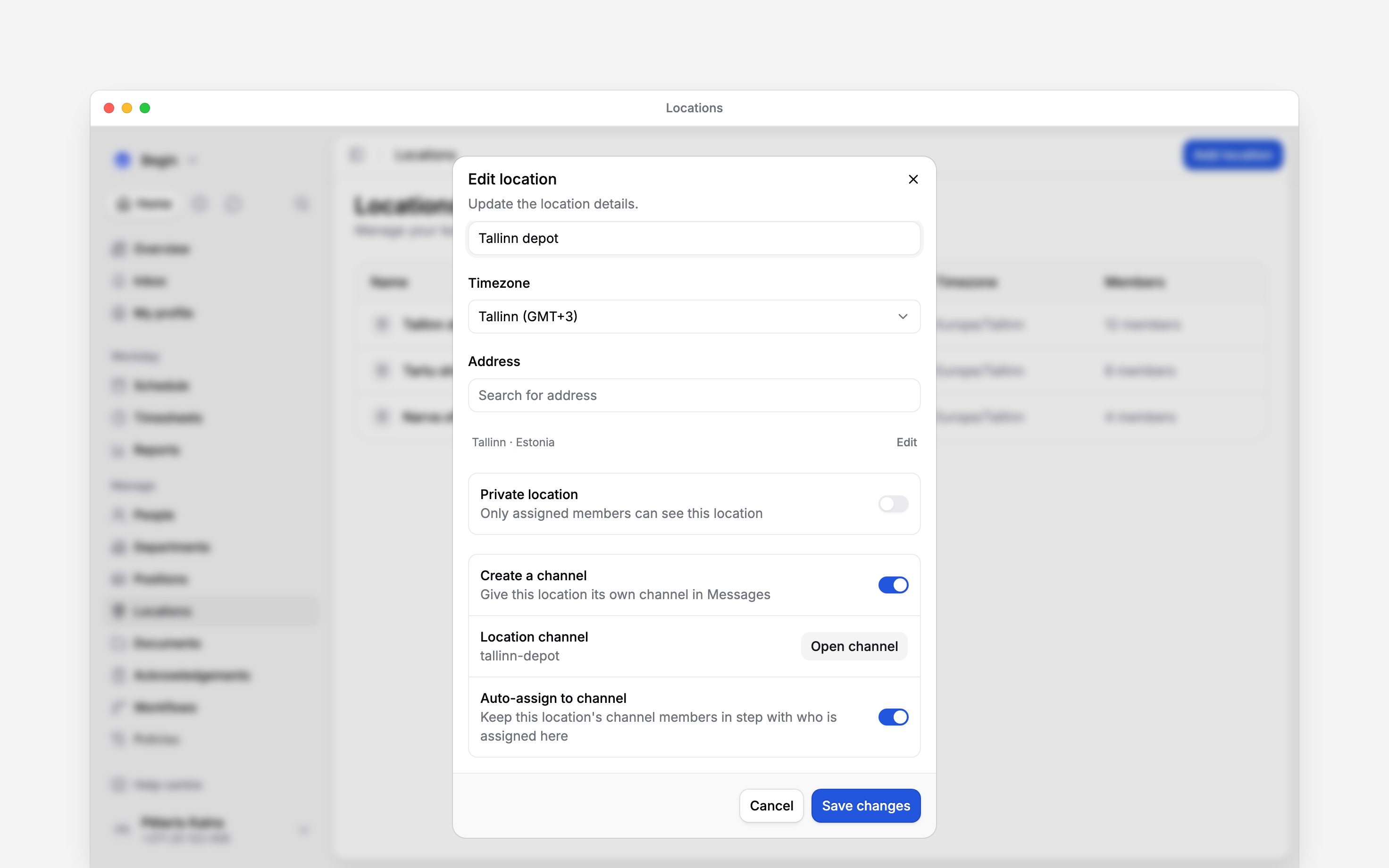 The location editor’s channel section showing Create a channel, the linked tallinn-depot channel, Open channel and Auto-assign to channel