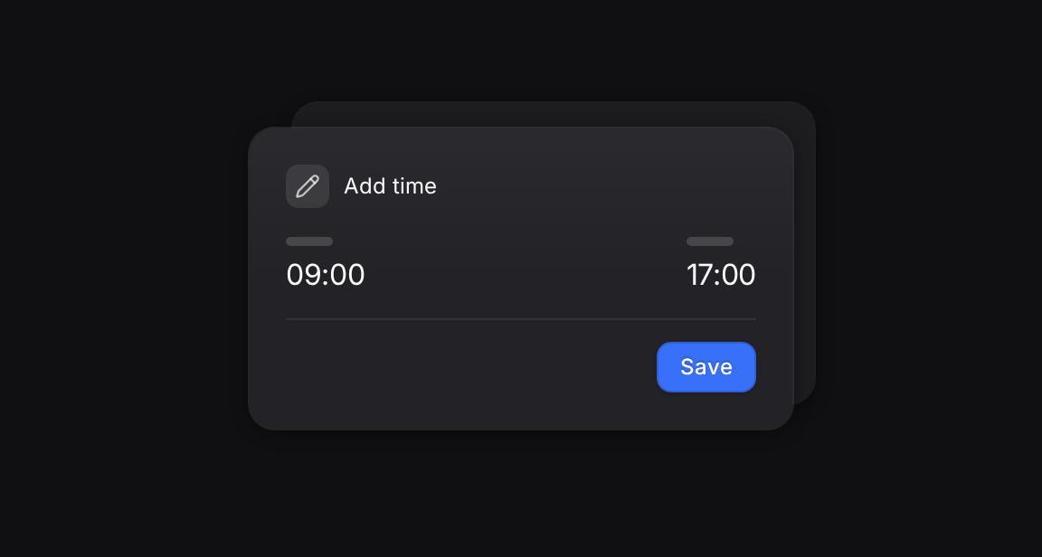 An Add time card showing 09:00 to 17:00 with Save