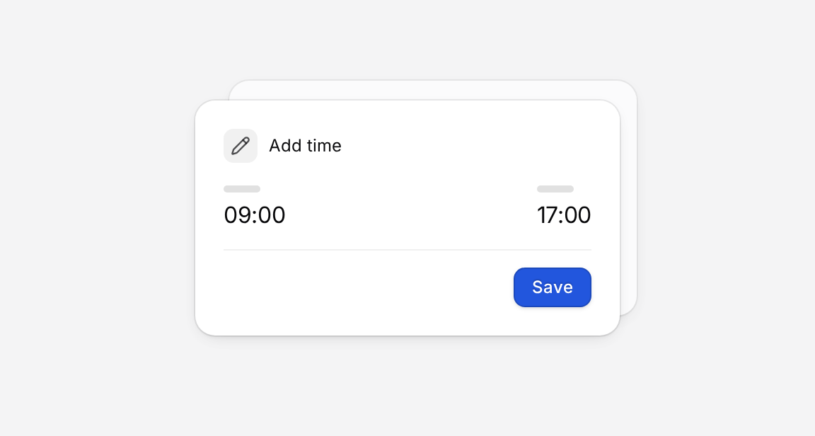 An Add time card showing 09:00 to 17:00 with Save