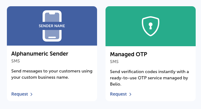 Service request cards for Alphanumeric Sender and Managed OTP