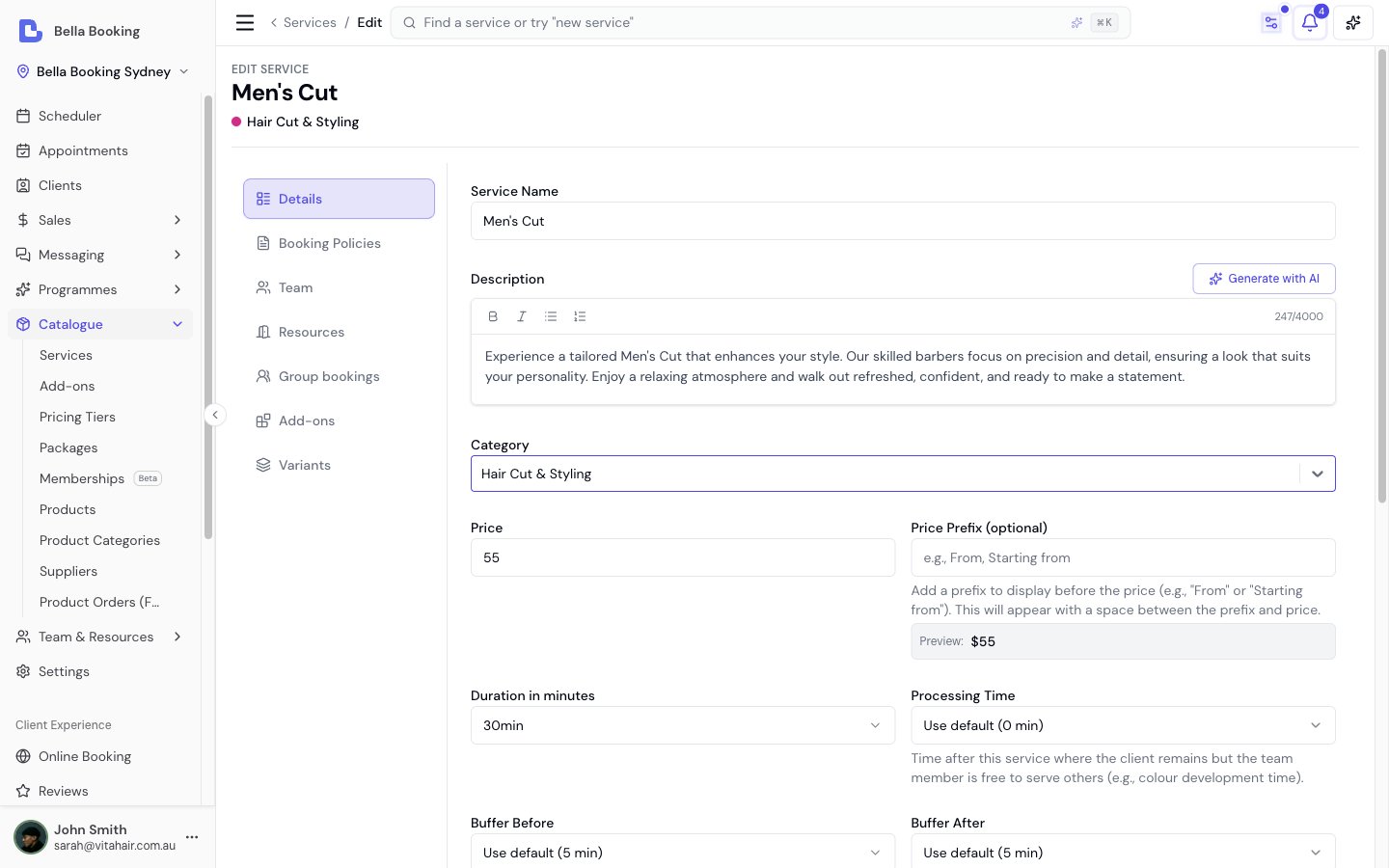 Service edit form showing name, category, duration, price, team members, and policy override fields