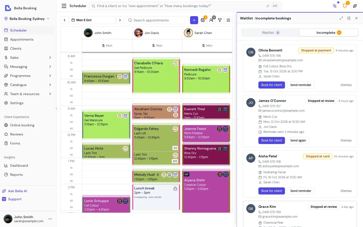 Waitlist · Incomplete bookings side panel showing the Incomplete tab with five draft bookings - name, phone, email, selected services, requested team member and time, and per-card actions to book on the client's behalf, send a reminder, or dismiss