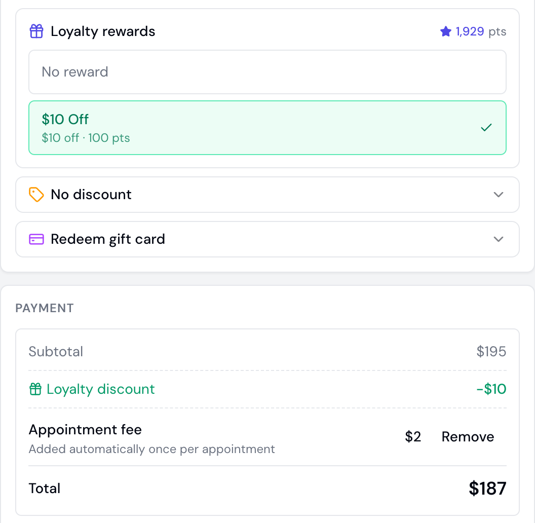 Checkout screen showing loyalty reward selector with $10 Off applied as a loyalty discount