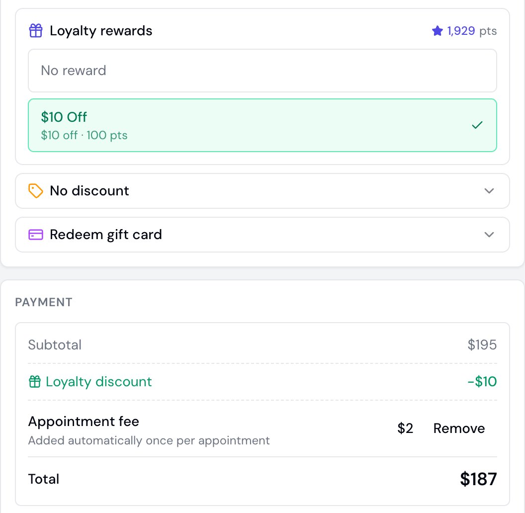 Checkout screen showing loyalty reward selector with $10 Off applied as a loyalty discount