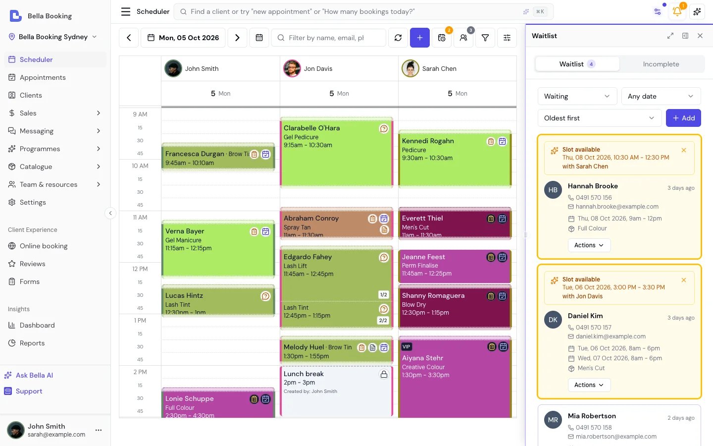 Waitlist panel showing client entries with preferred times and services