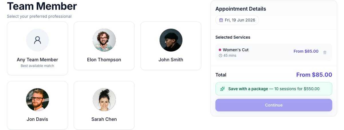 Online booking team-member step showing an 'Any team member — Best available match' option next to individual team members