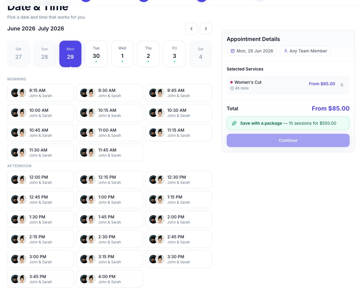 Online booking time step showing each available time with the team members free at that slot displayed beneath it
