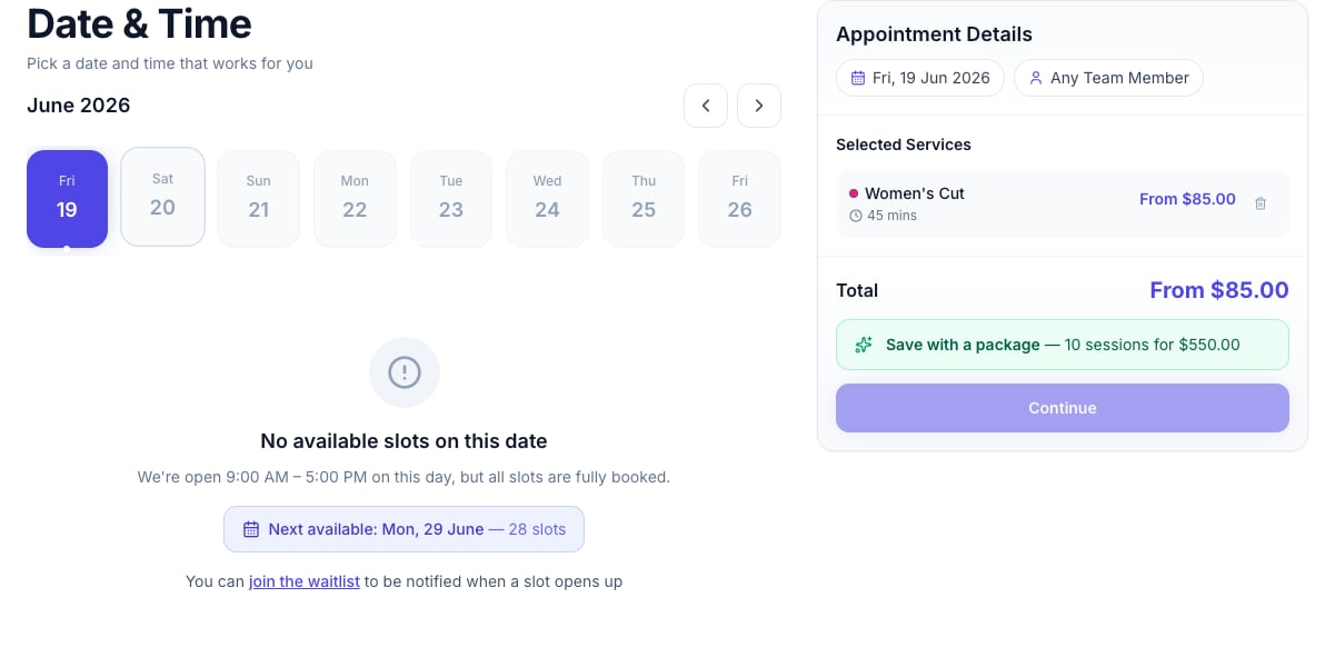 Online booking time step on a fully booked date, showing 'No available slots on this date', a 'Next available' shortcut, and a 'join the waitlist' link