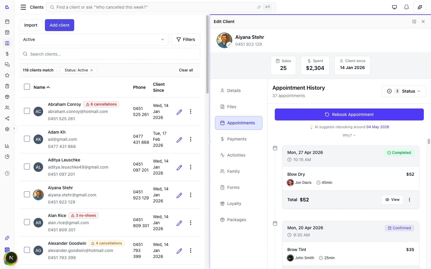 Client history panel with AI-powered rebook suggestion based on previous appointments