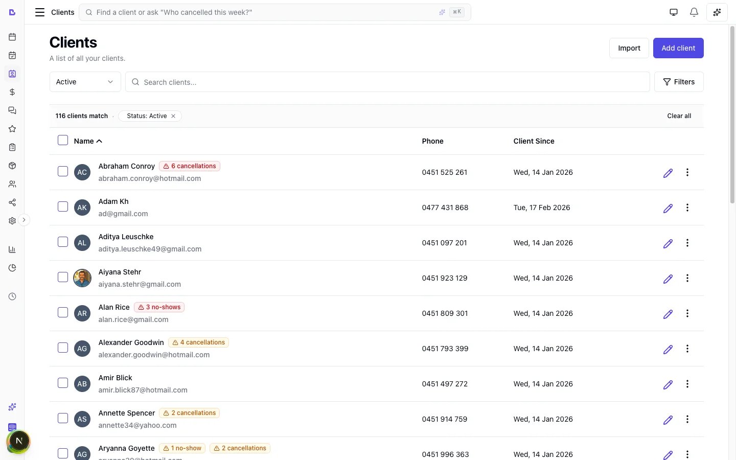 Clients list showing name, phone, client since date, and cancellation/no-show badges