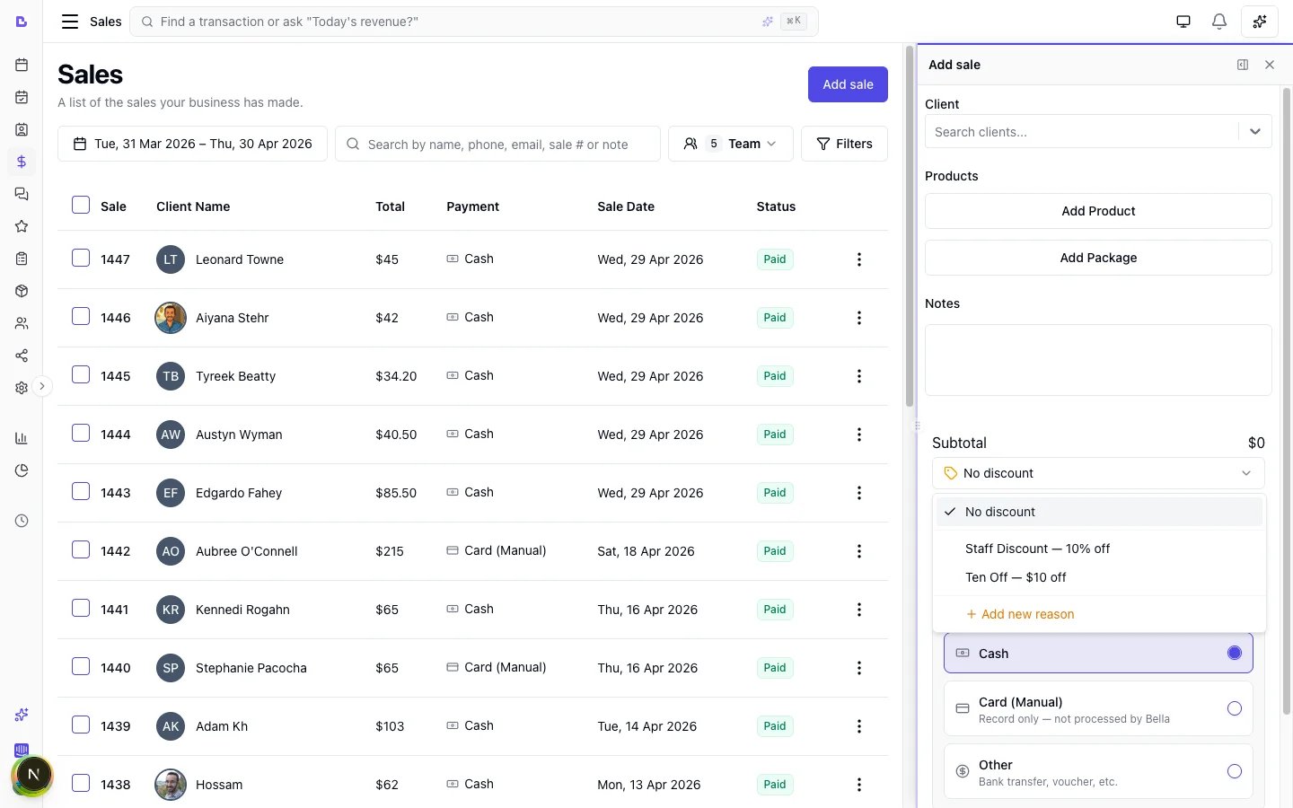 Sale details page showing services, payment method, and total amount