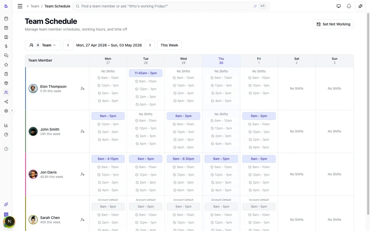 Team schedule grid showing all team members' working hours and availability for the week