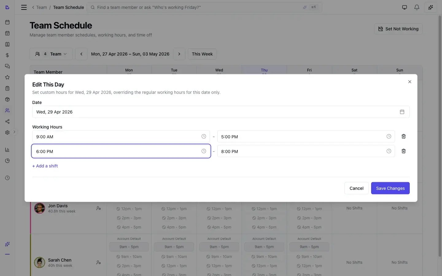Edit team schedule modal showing daily shift configuration with start and end times