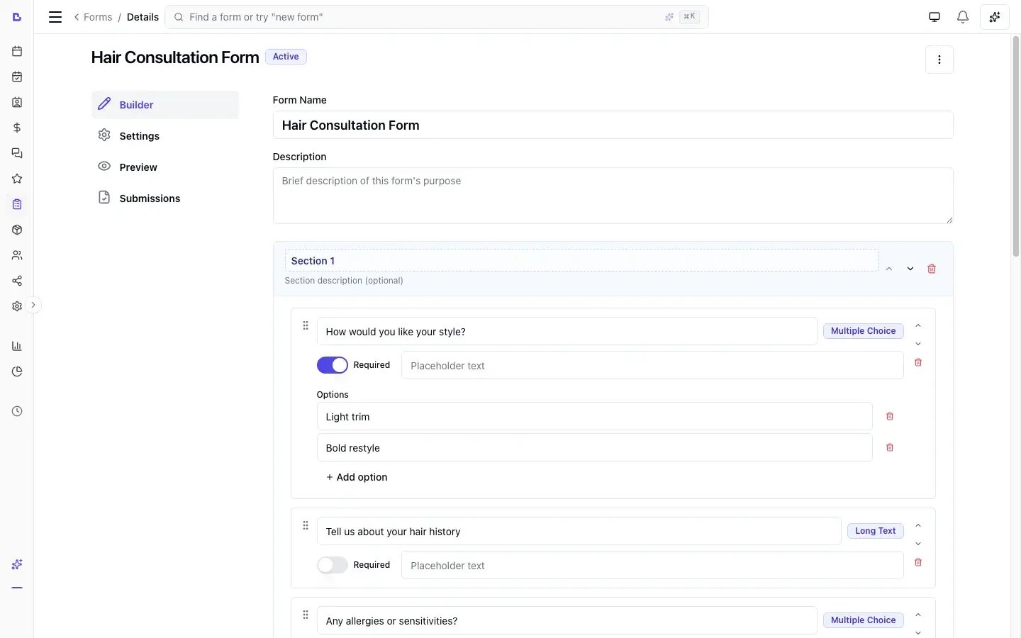 Forms list showing intake, consent, and waiver forms with submission counts and frequency settings