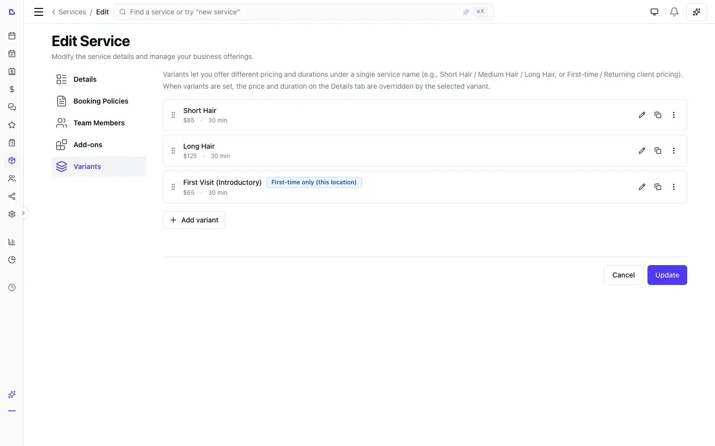 Service variants editor showing named versions with per-variant pricing and durations