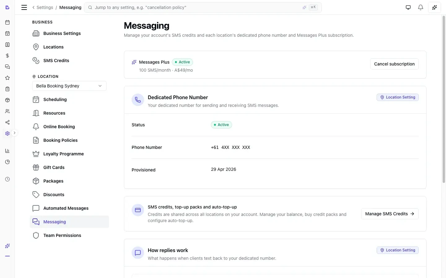 Messaging settings page with Messages Plus subscription, dedicated phone number, and SMS credit balance