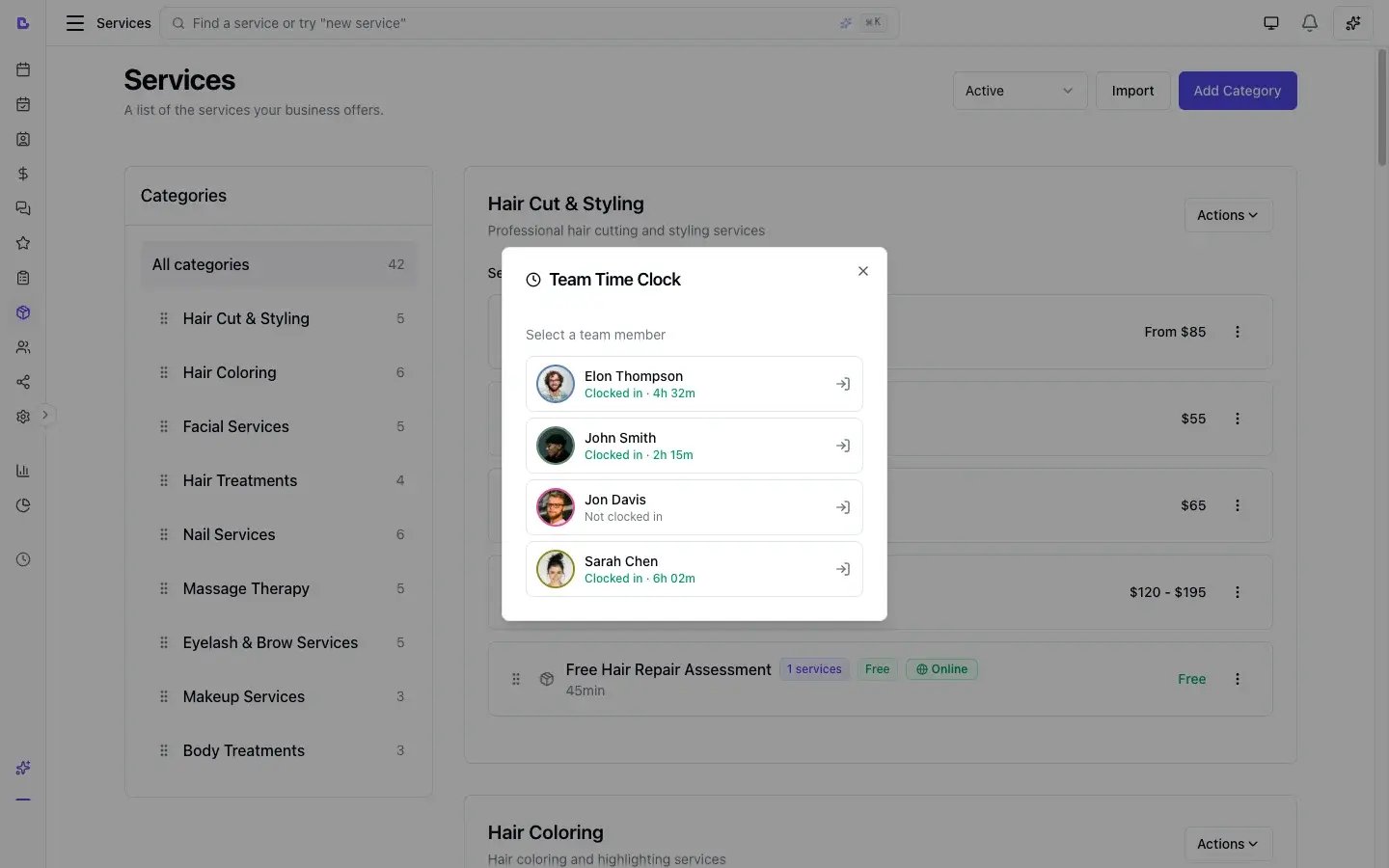 Time clock widget where team members enter their PIN to clock in or out