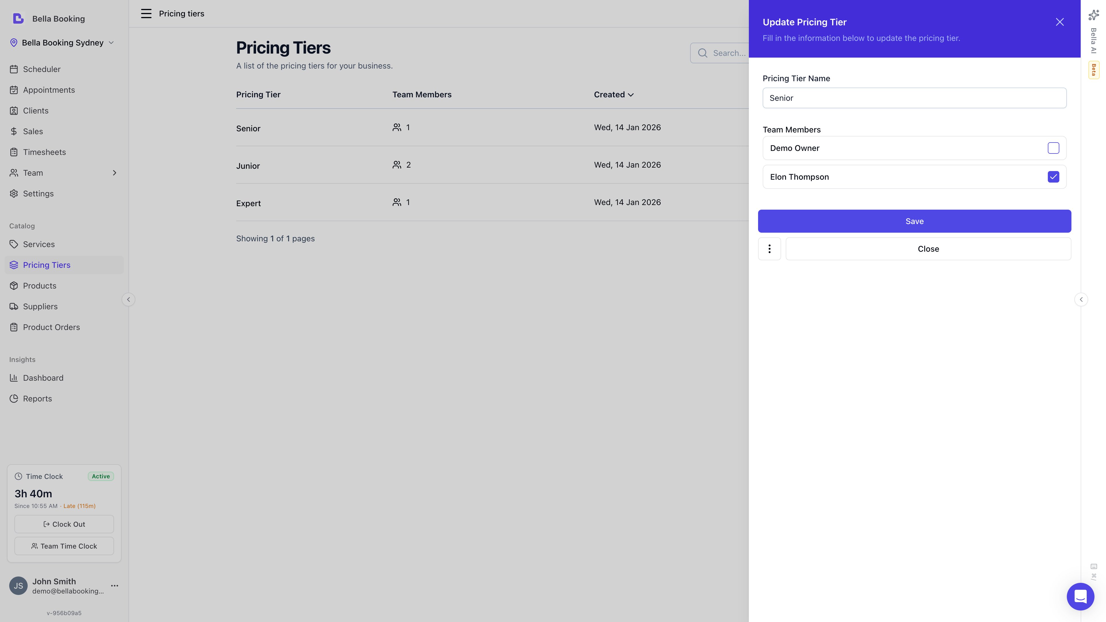Pricing tier edit form showing tier name and team member assignment checkboxes