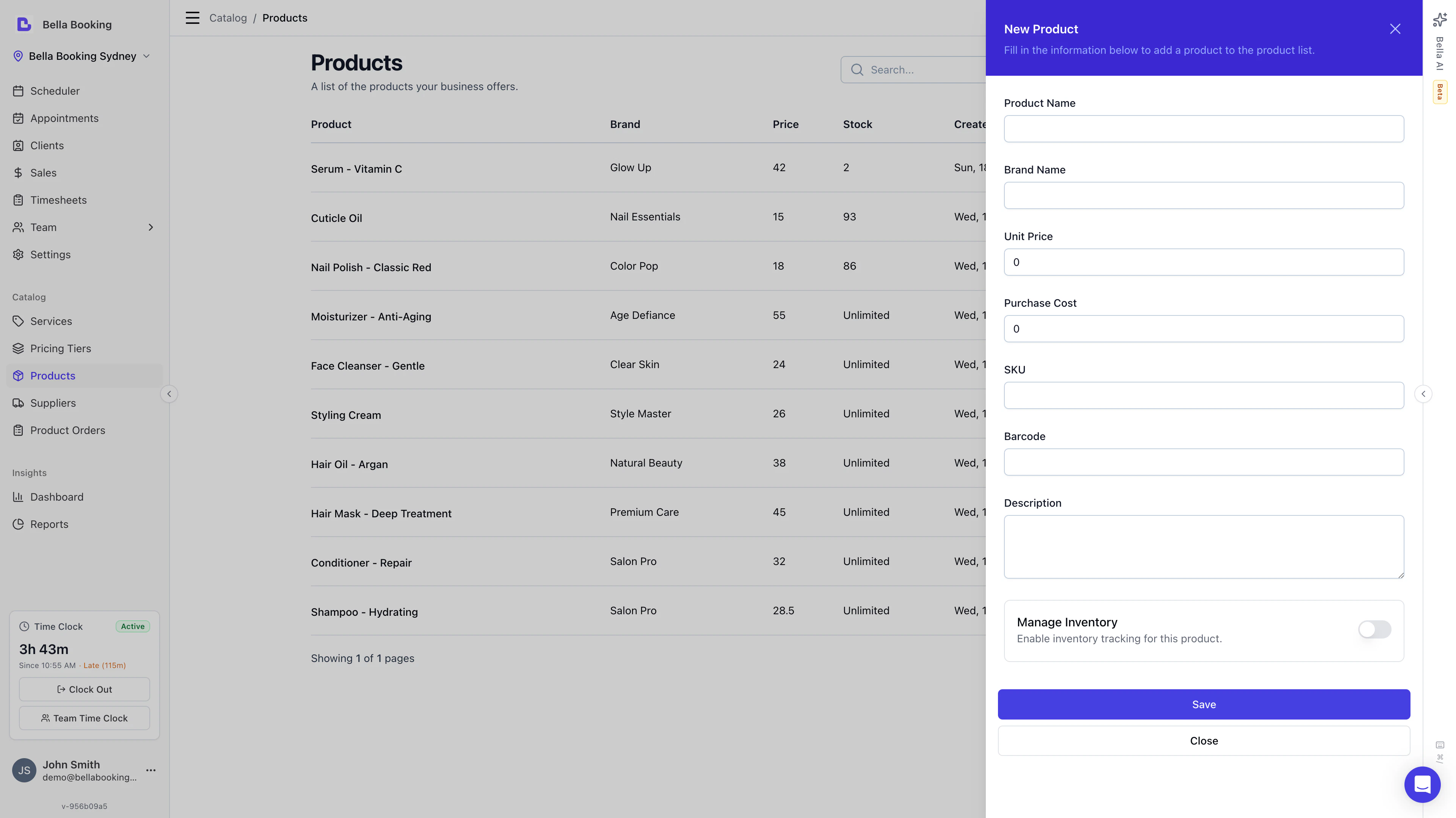 Add product form showing name, brand, unit price, purchase cost, SKU, barcode, and managed inventory fields