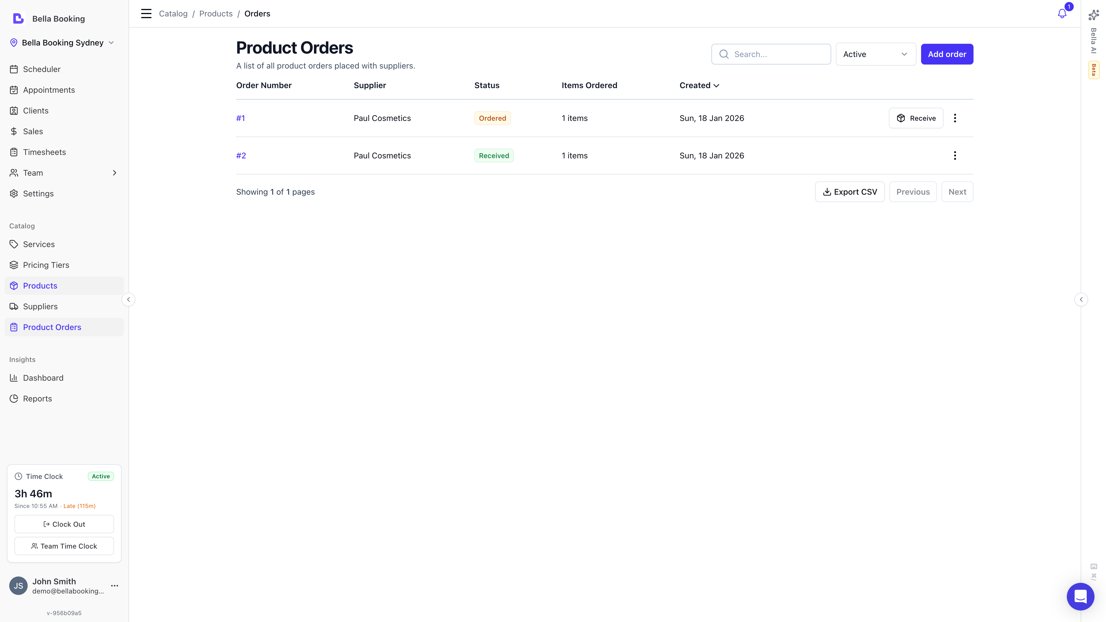 Product orders list showing order number, supplier, status badge, items count, and created date