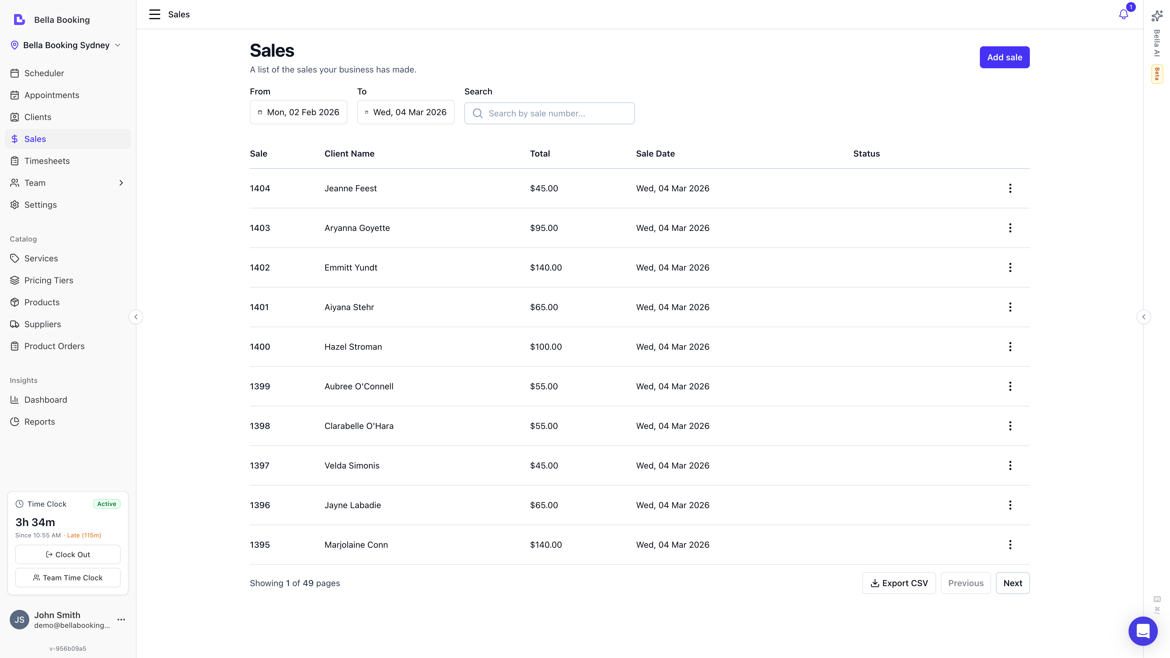 Sales history table showing sale number, client, total, and date for each transaction