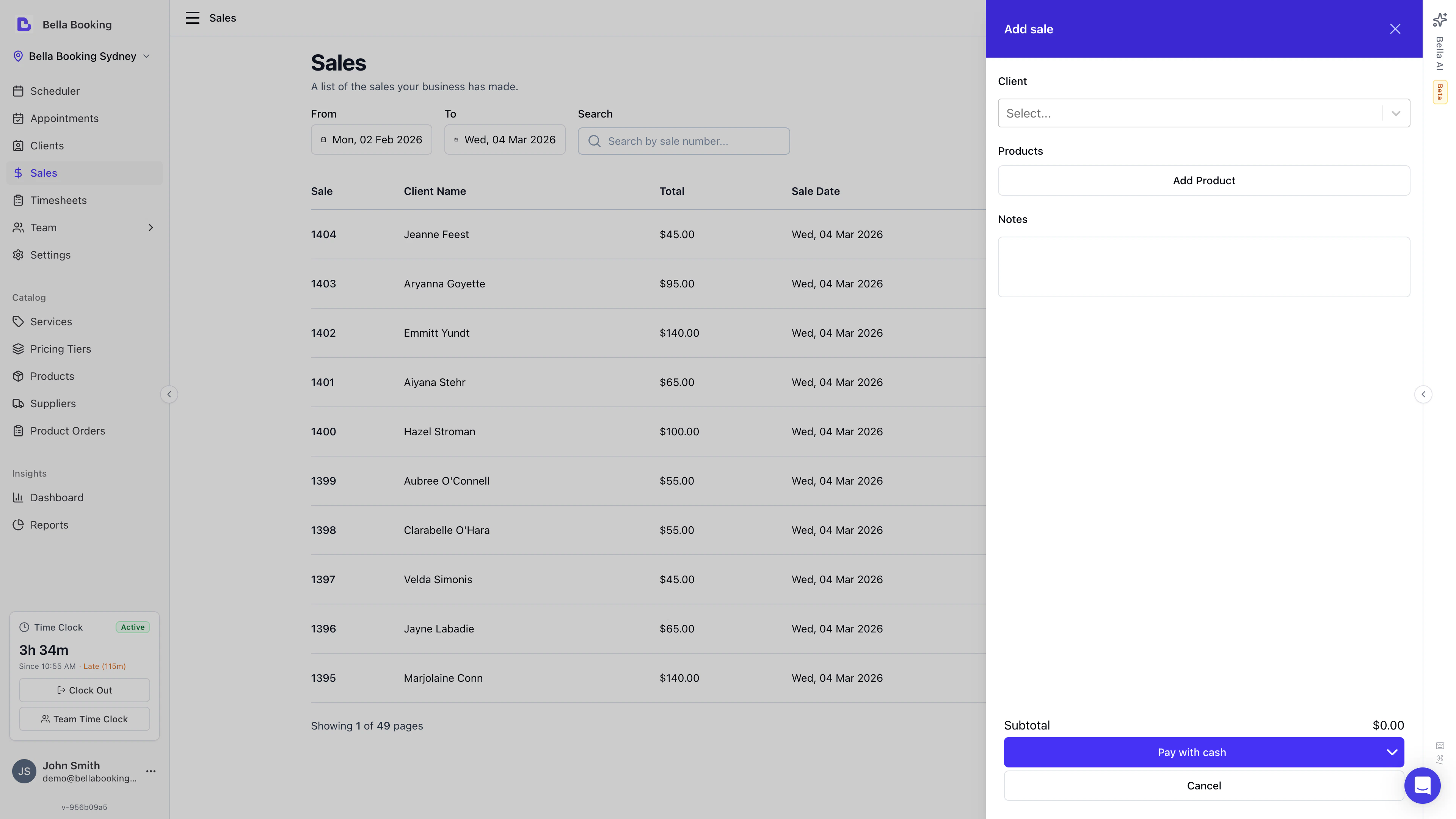 Add sale form showing client selection, product picker, and payment method fields