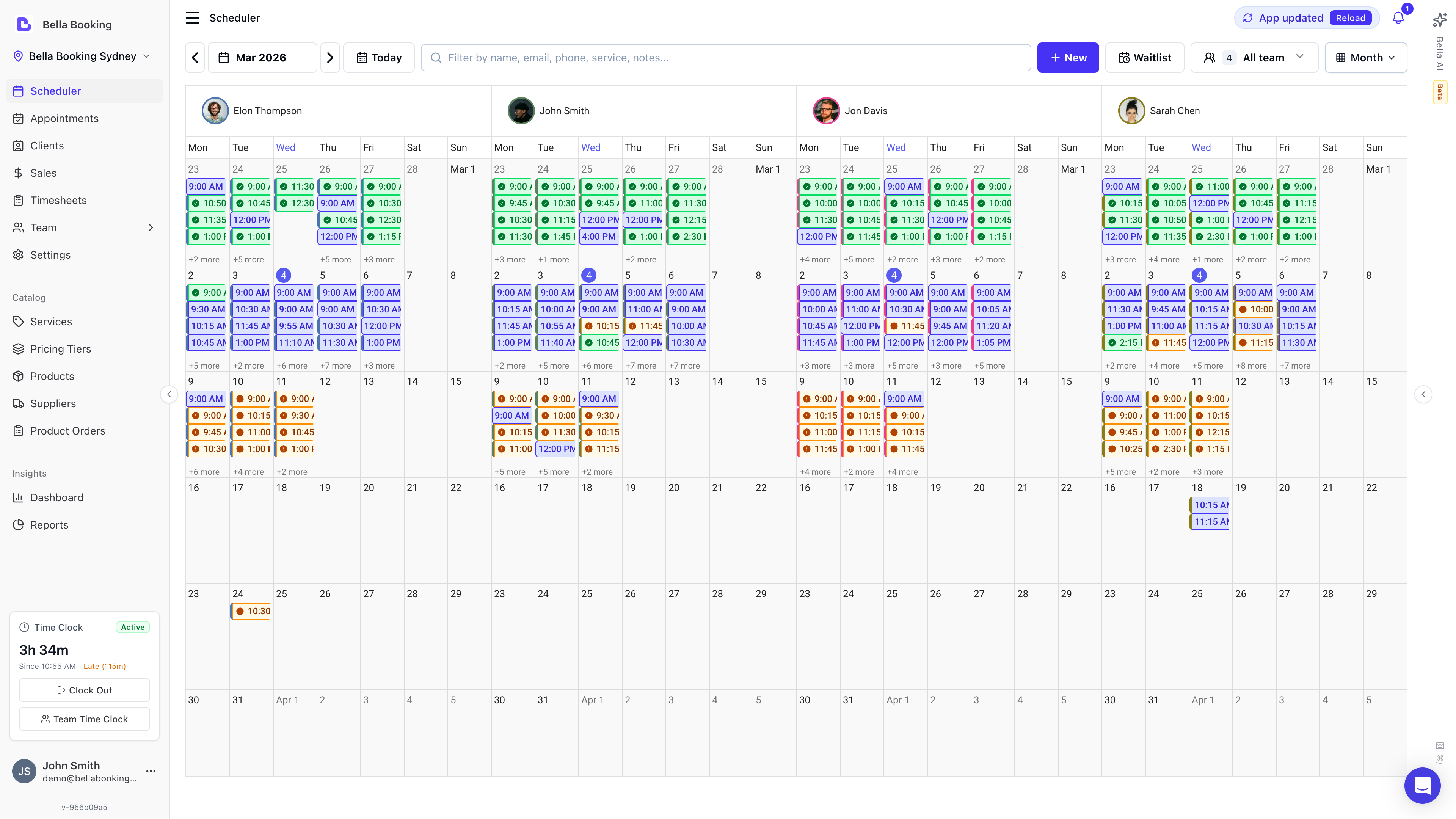 Scheduler month view showing all appointments across the full calendar grid