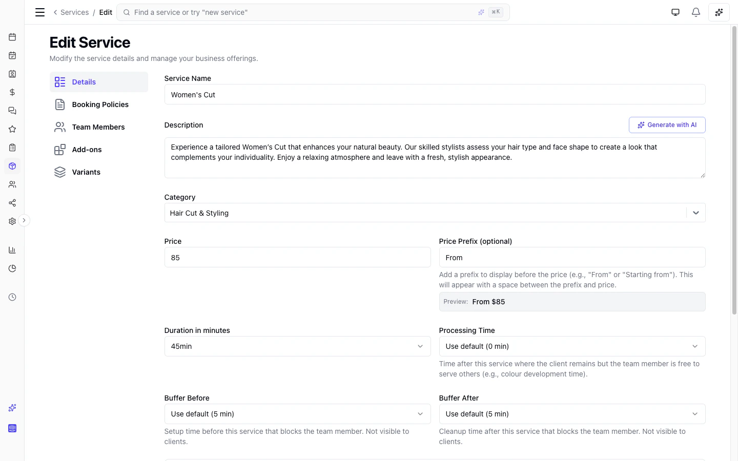 Service edit form showing name, category, duration, price, team members, and policy override fields