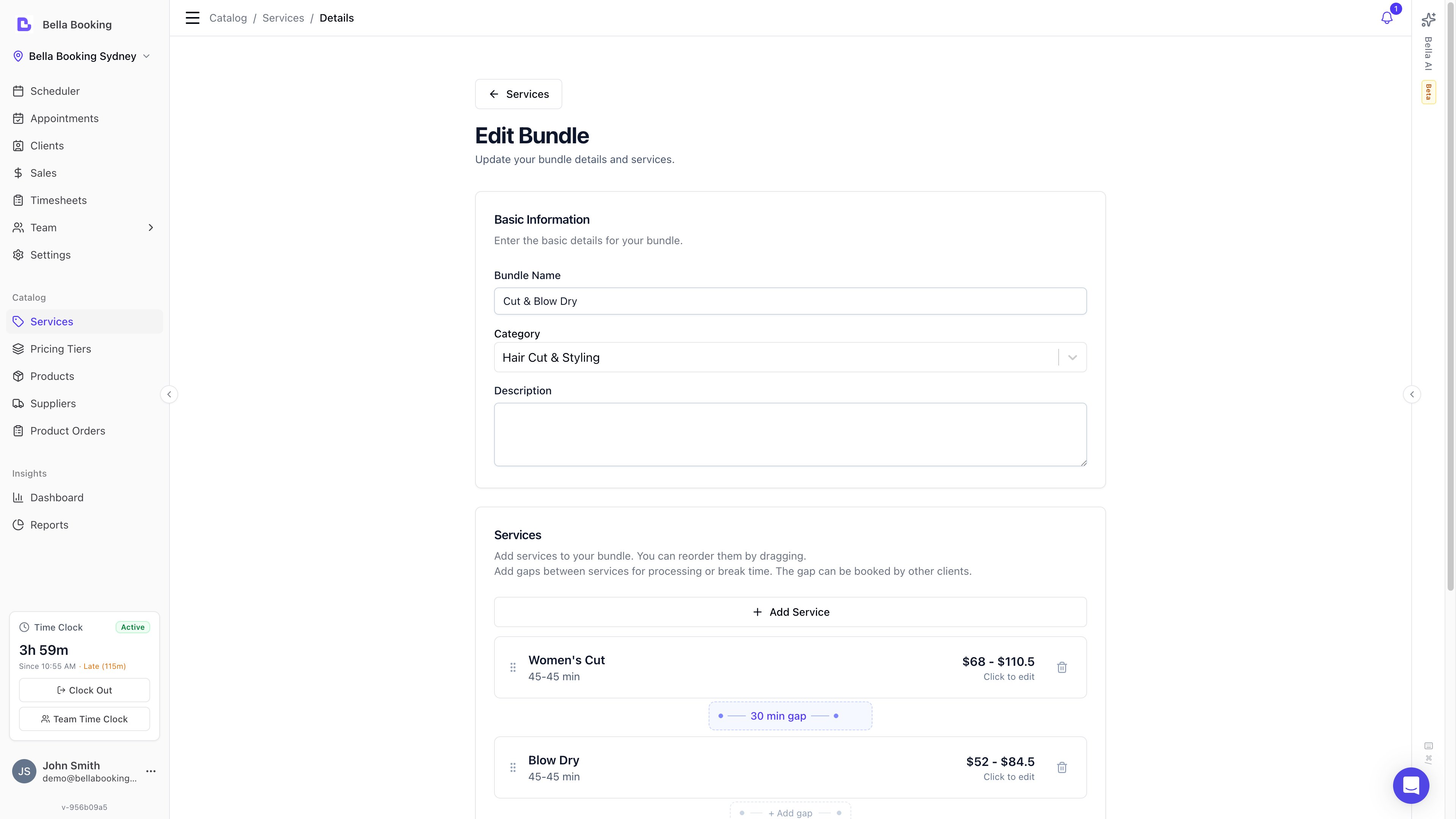 Service form showing the pricing tiers section with per-tier price and duration fields enabled